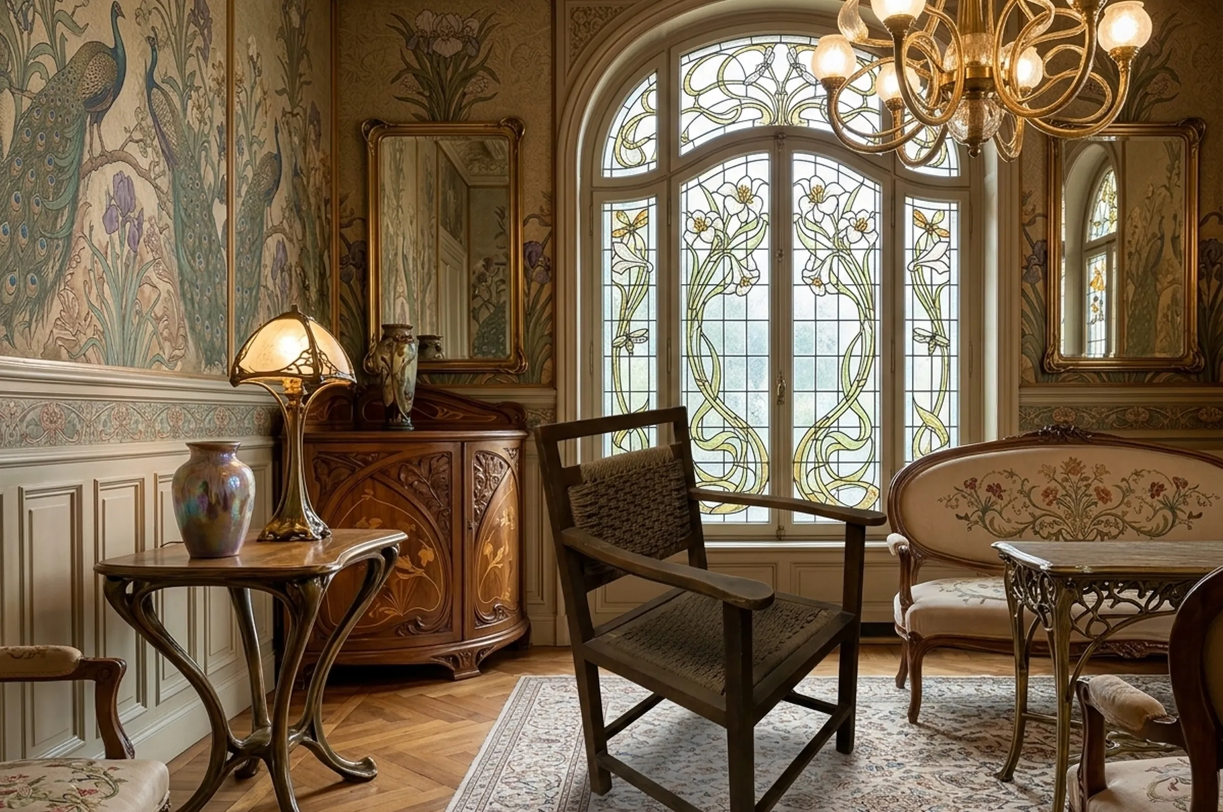 Antiker Sessel mit floralem Hintergrund in einem hellen, eleganten Wohnzimmer.