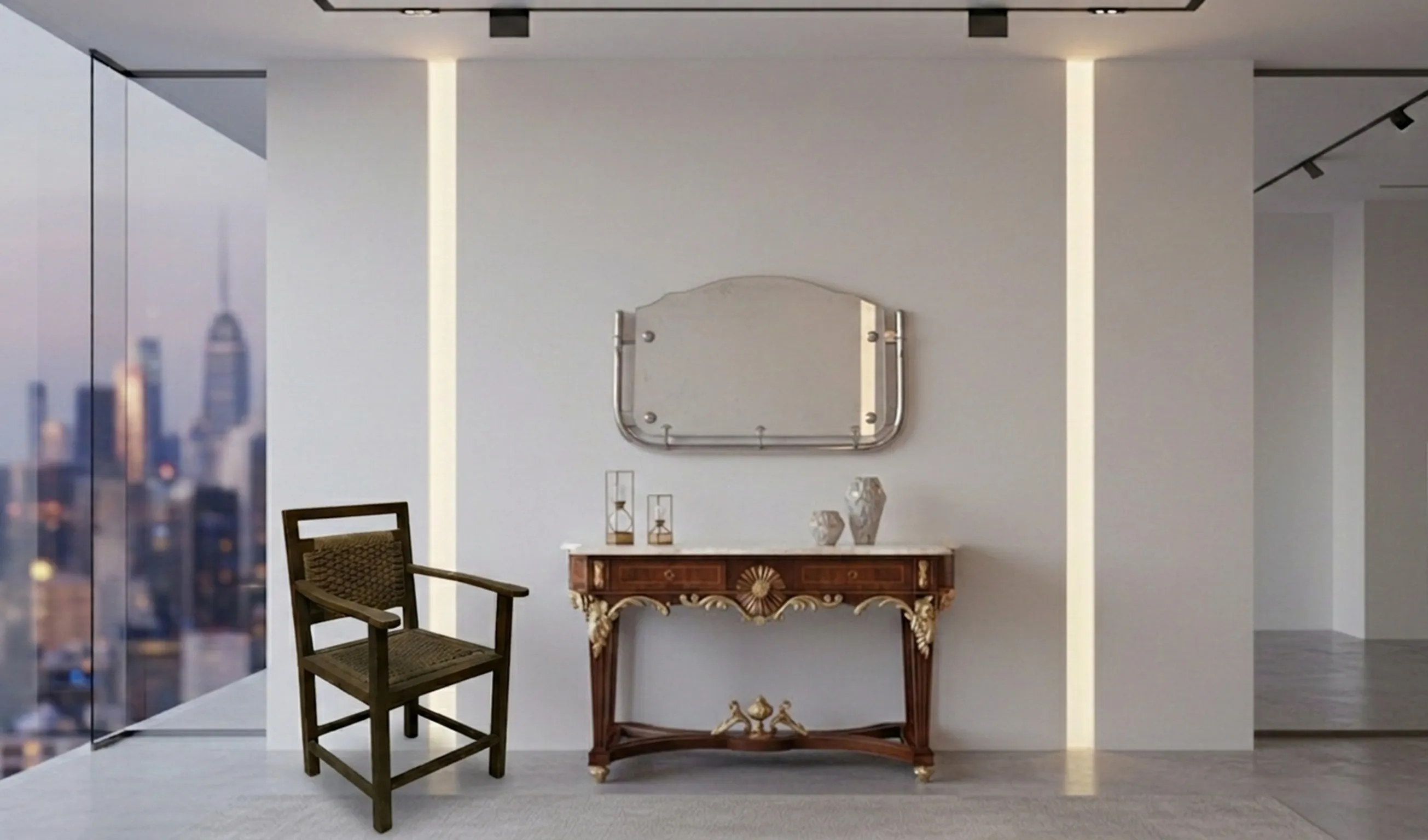 Fauteuil ancien avec accoudoirs dans une ambiance moderne près d'une console et d'un miroir.