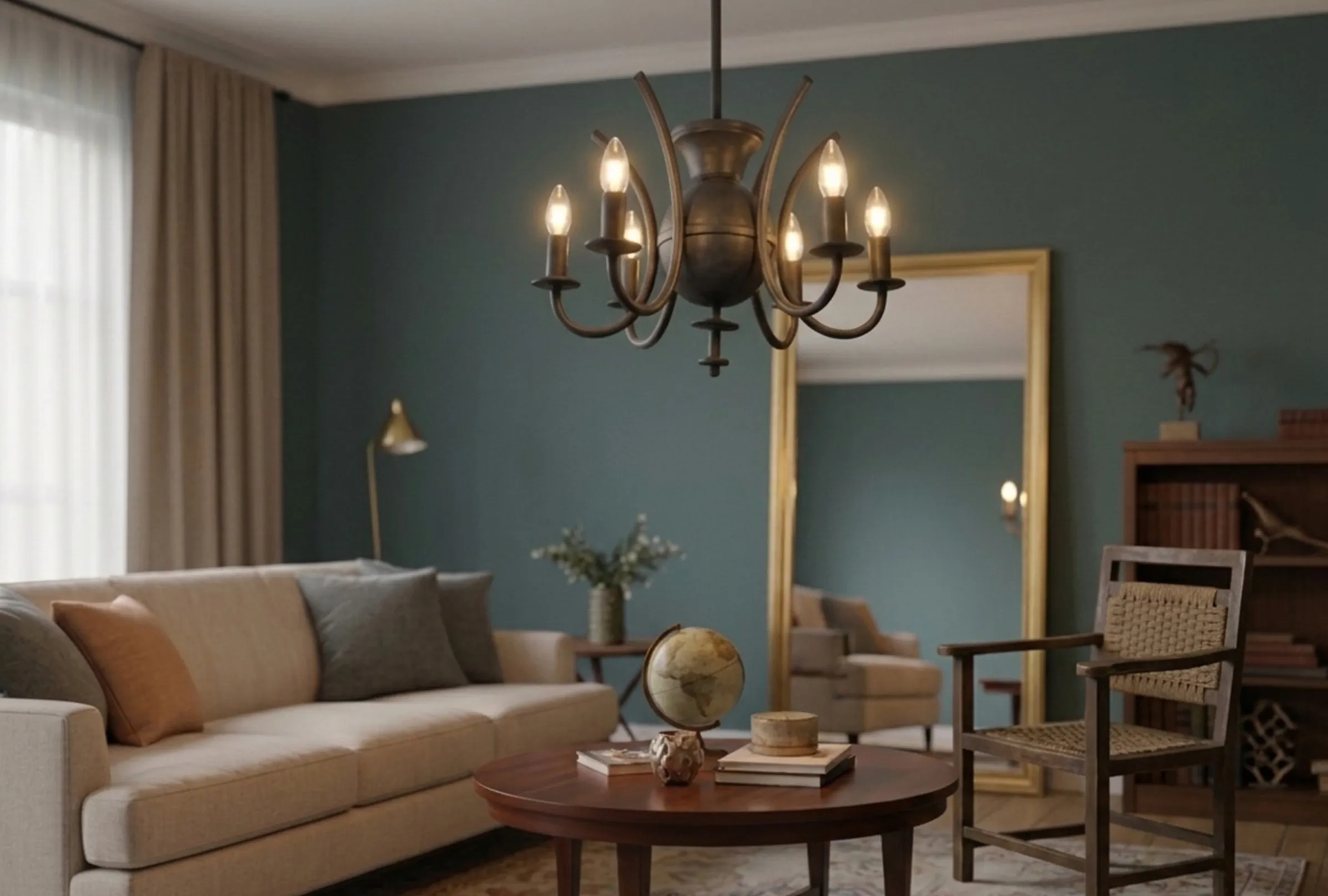 Fauteuil ancien avec coussins dans un salon cosy, à côté d'une lampe