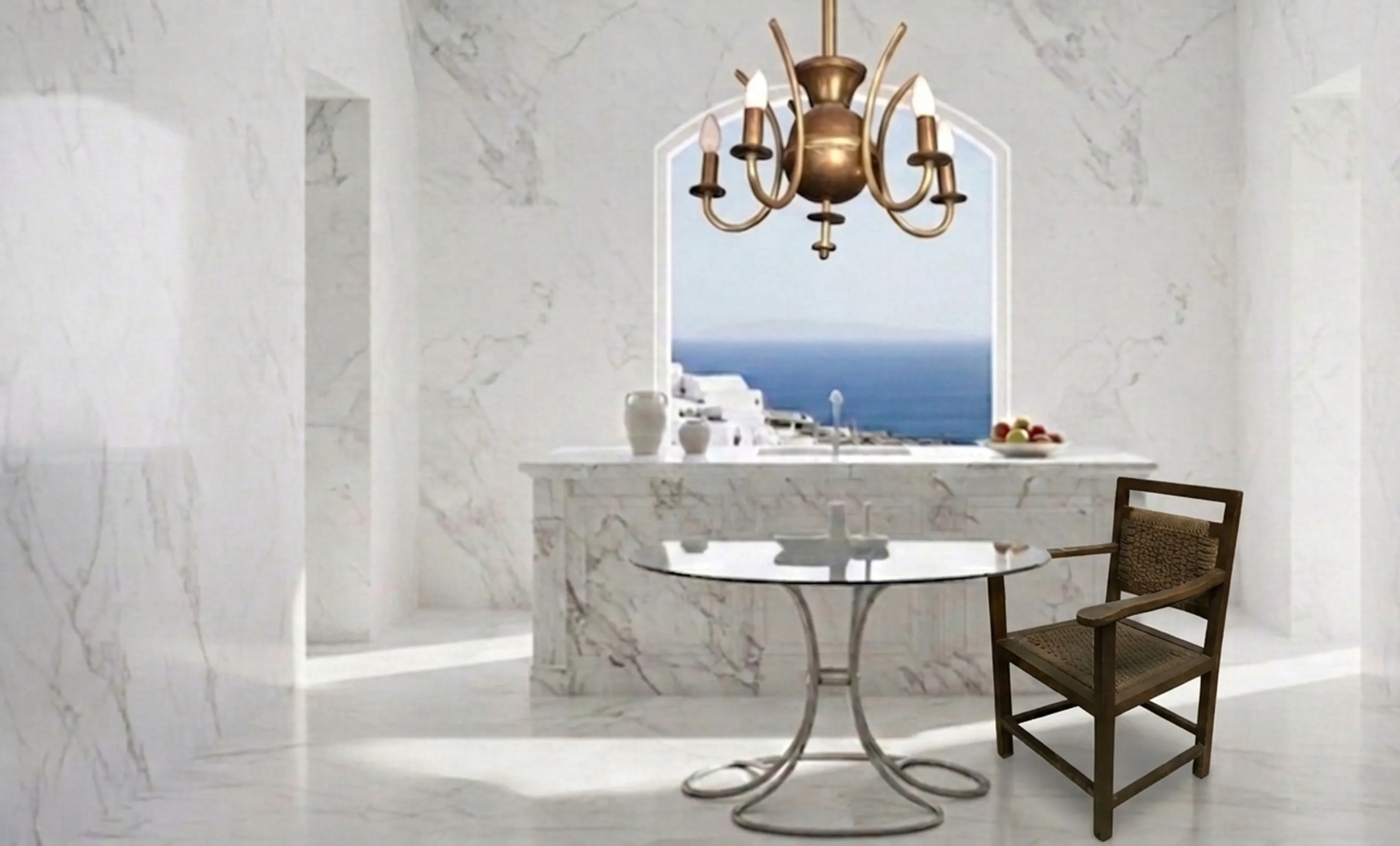 Poltrona antiga em ambiente moderno com mesa e vista