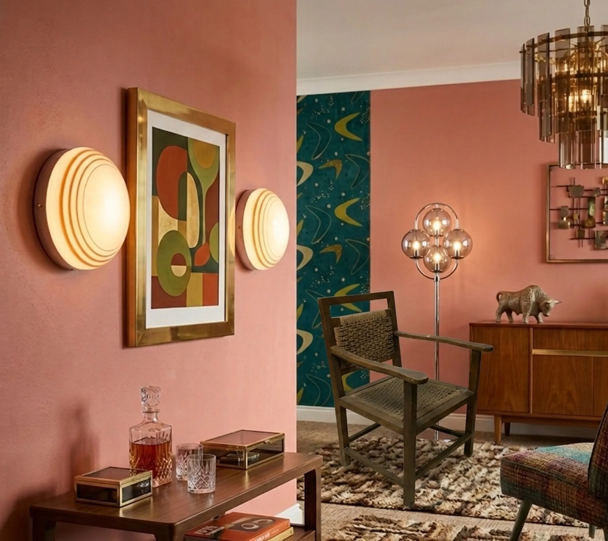 Sillón antiguo en habitación decorativa con luces y arte