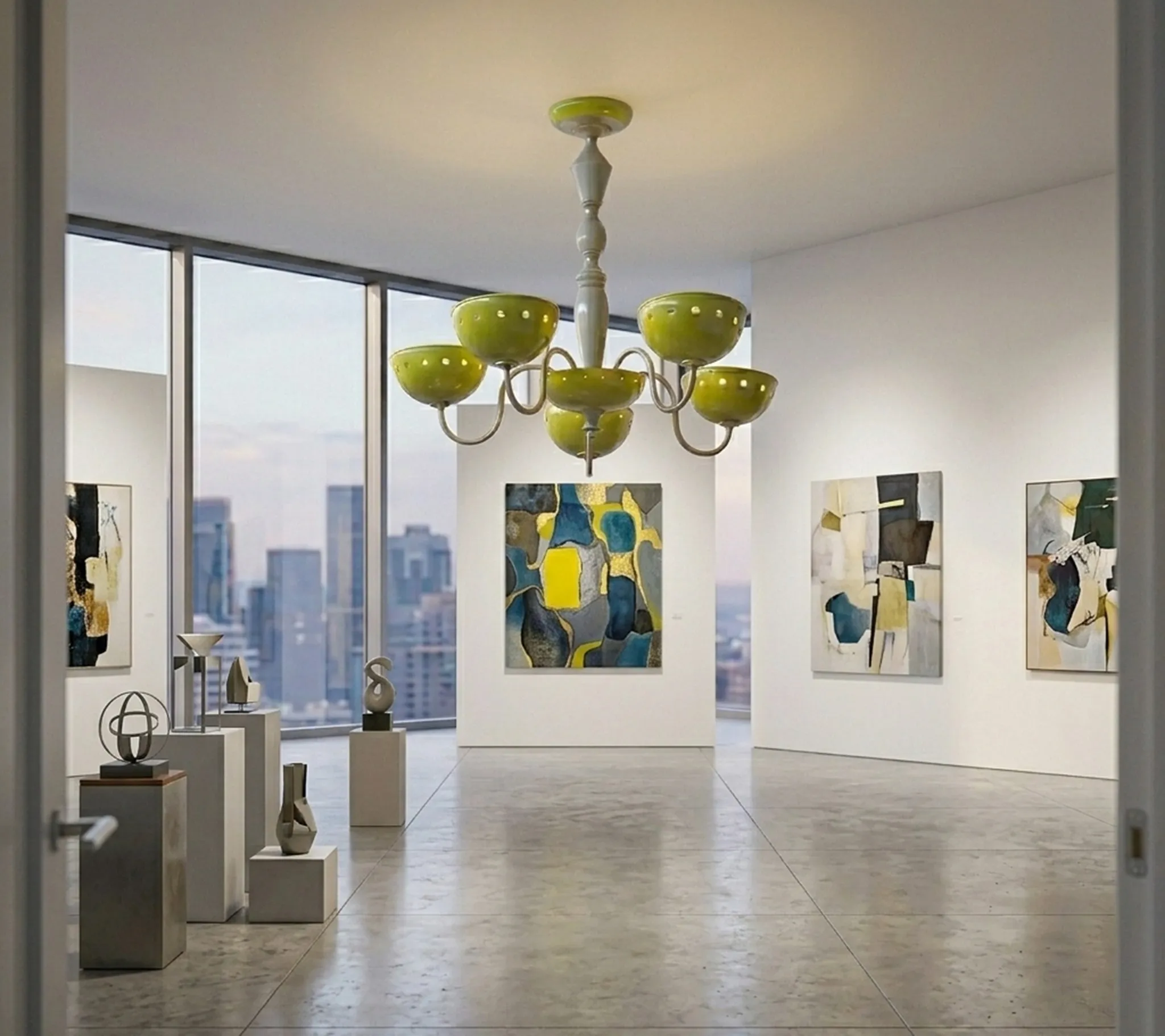 Lâmpada de teto antiga com luzes verdes em um espaço moderno, cercada por arte contemporânea.