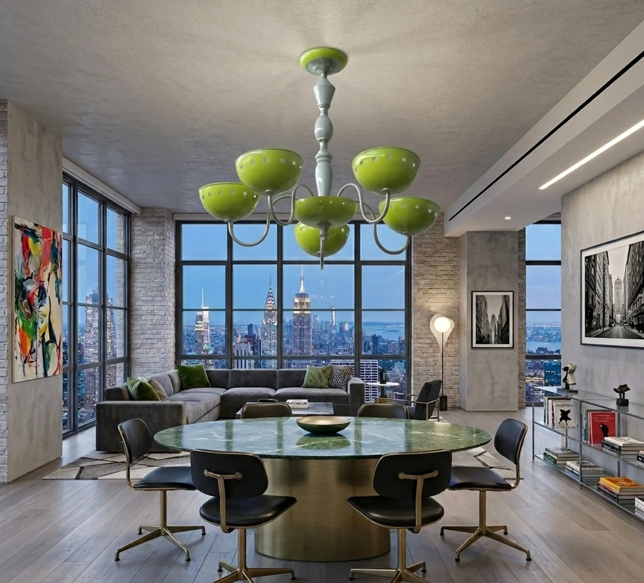 Antique hanging lamp with colorful design in a modern living room.