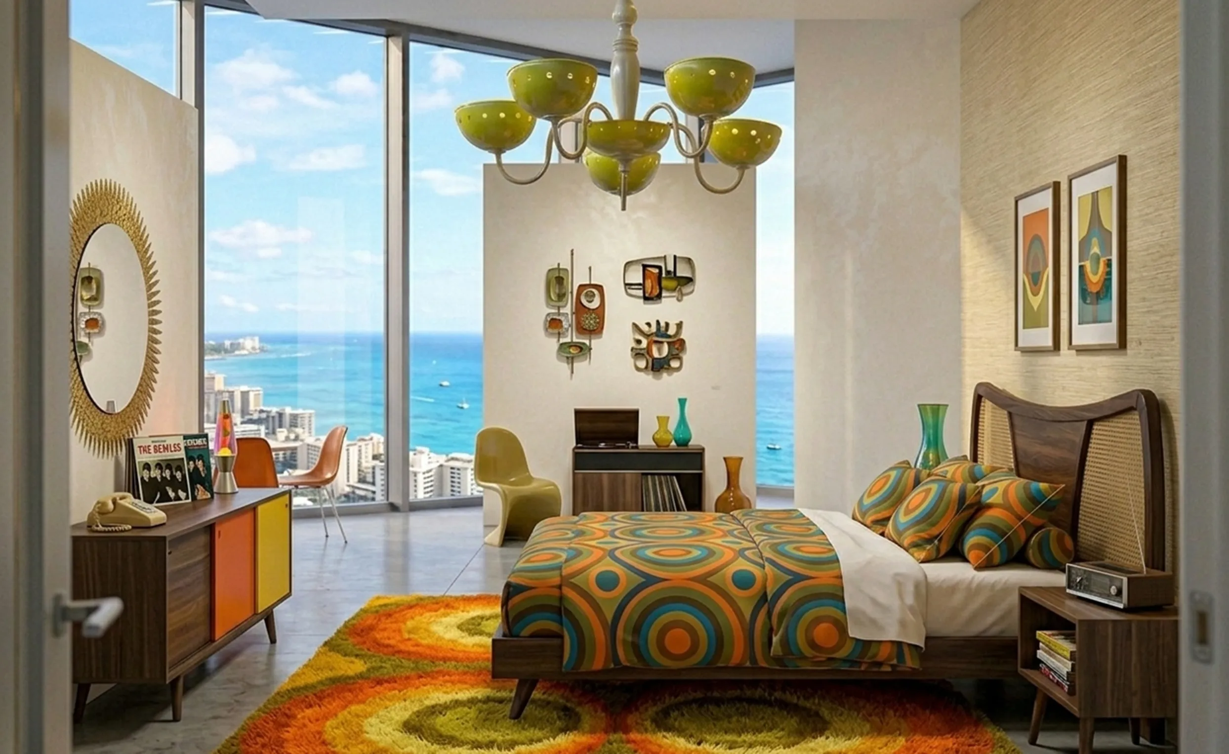 antike hängelampe in gelb in einem hellen raum neben bett und fenster