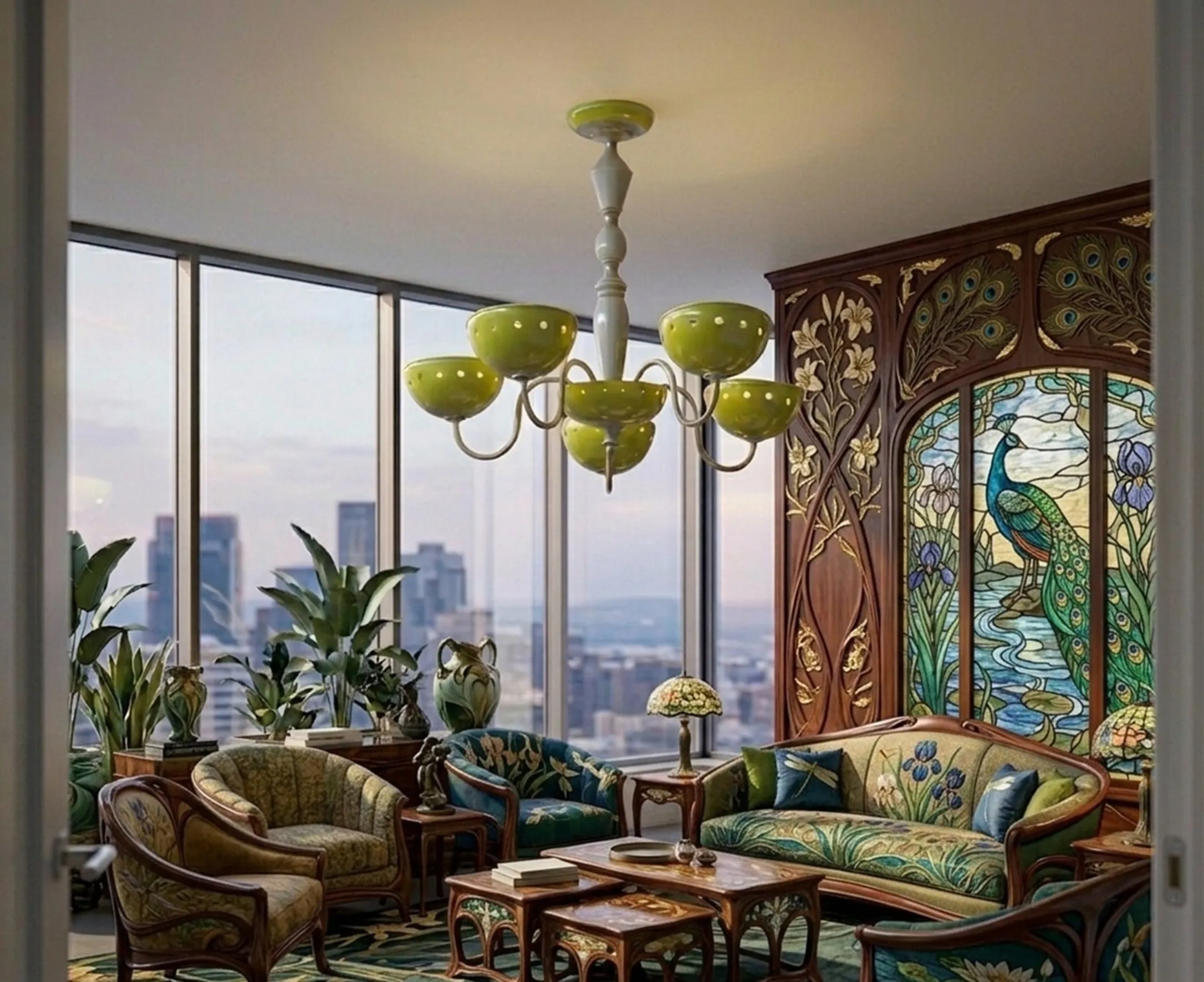 Lámpara de techo antigua de diseño colorido, con un ambiente acogedor. Muebles elegantes alrededor.