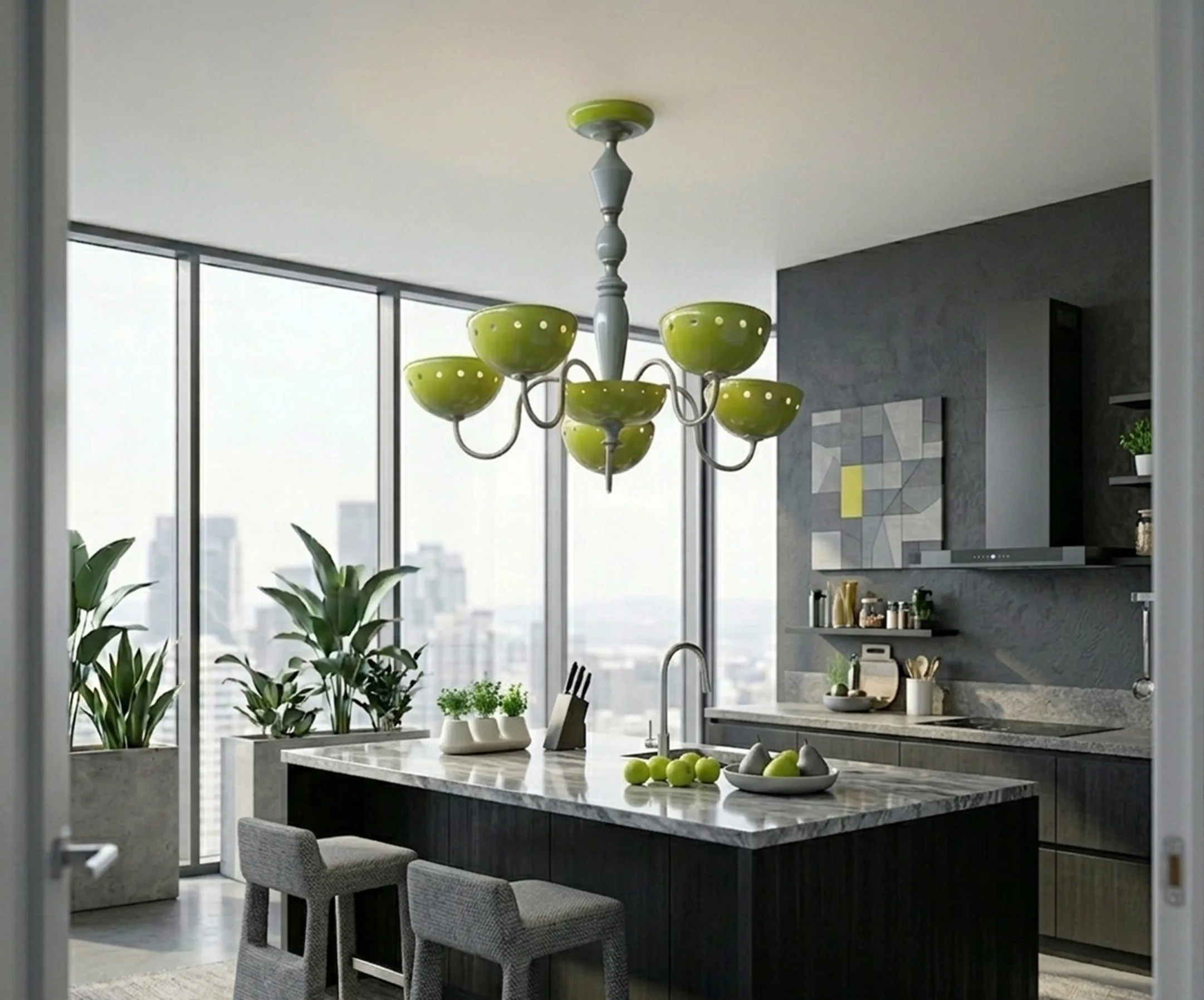 luminária de teto antiga em um ambiente moderno com luz verde e elementos decorativos