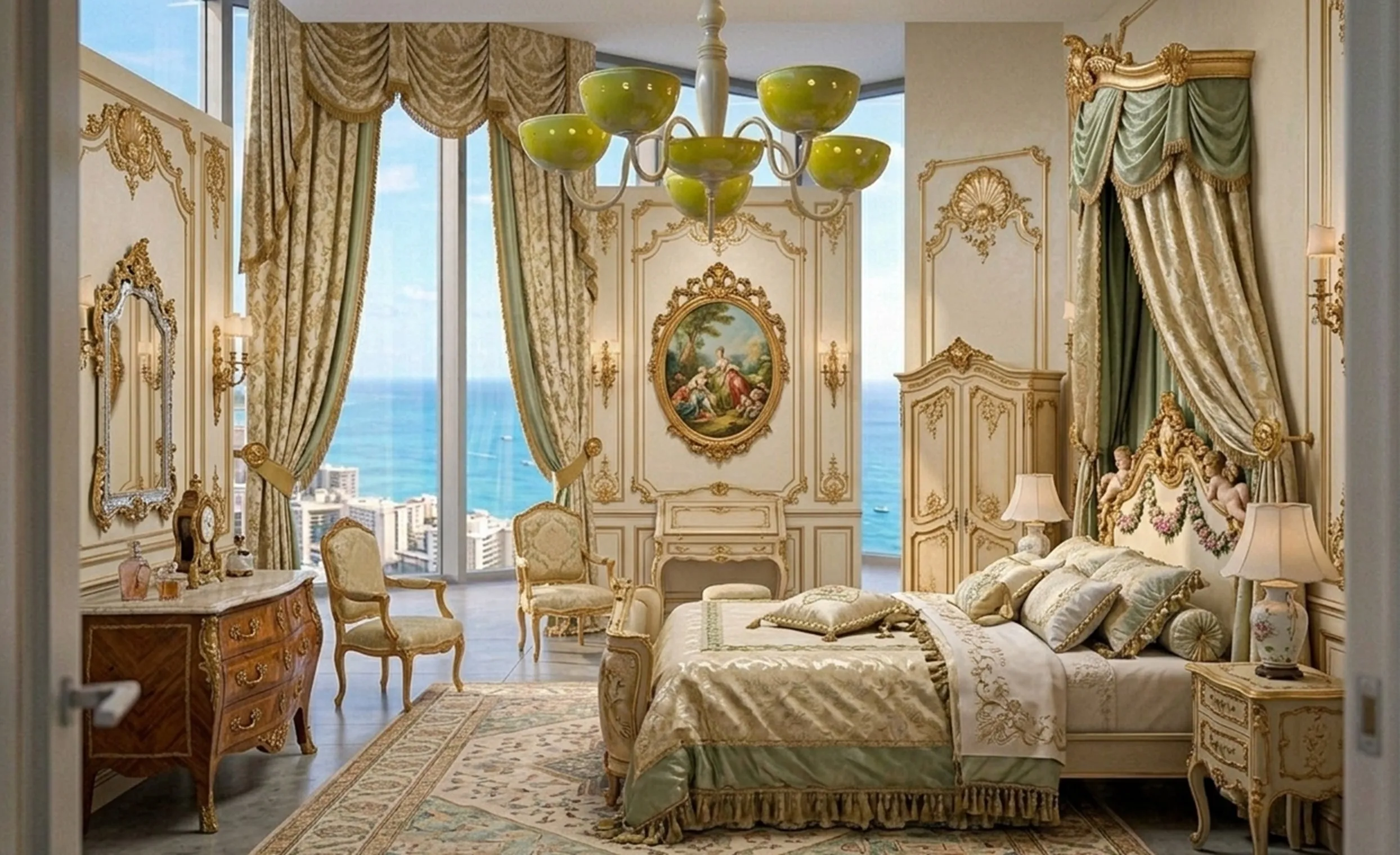 Antike Hängelampe mit Licht in einem eleganten Schlafzimmer.