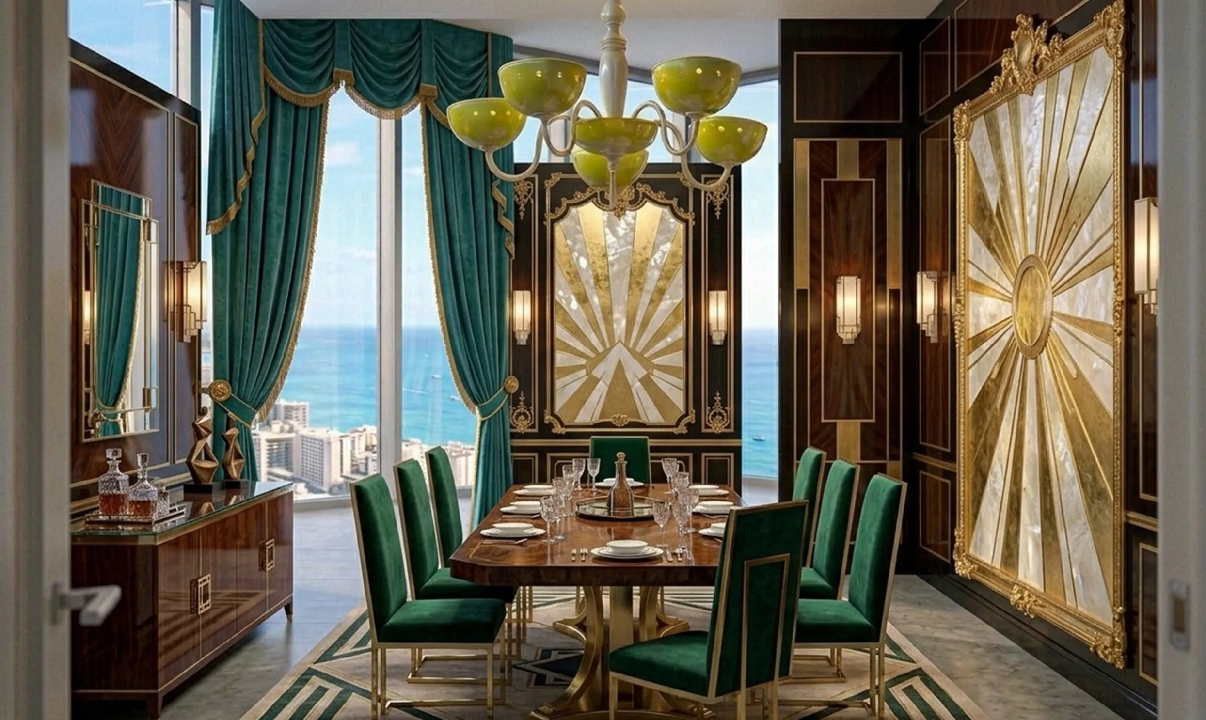 lampada a sospensione antica in giallo e verde, ambiente elegante