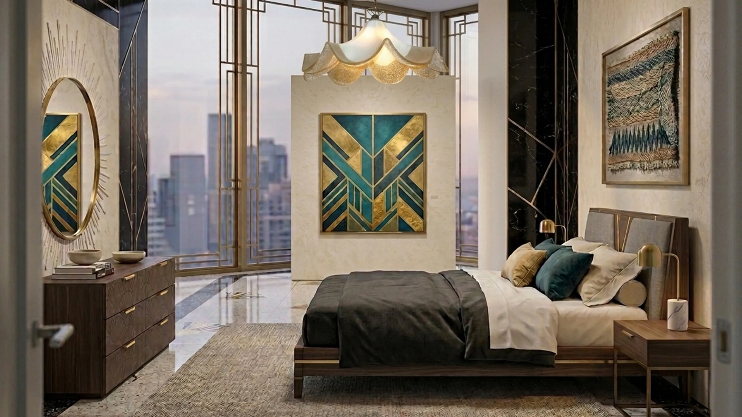 lâmpada de teto antiga com abajur elegante e detalhes dourados em um ambiente moderno