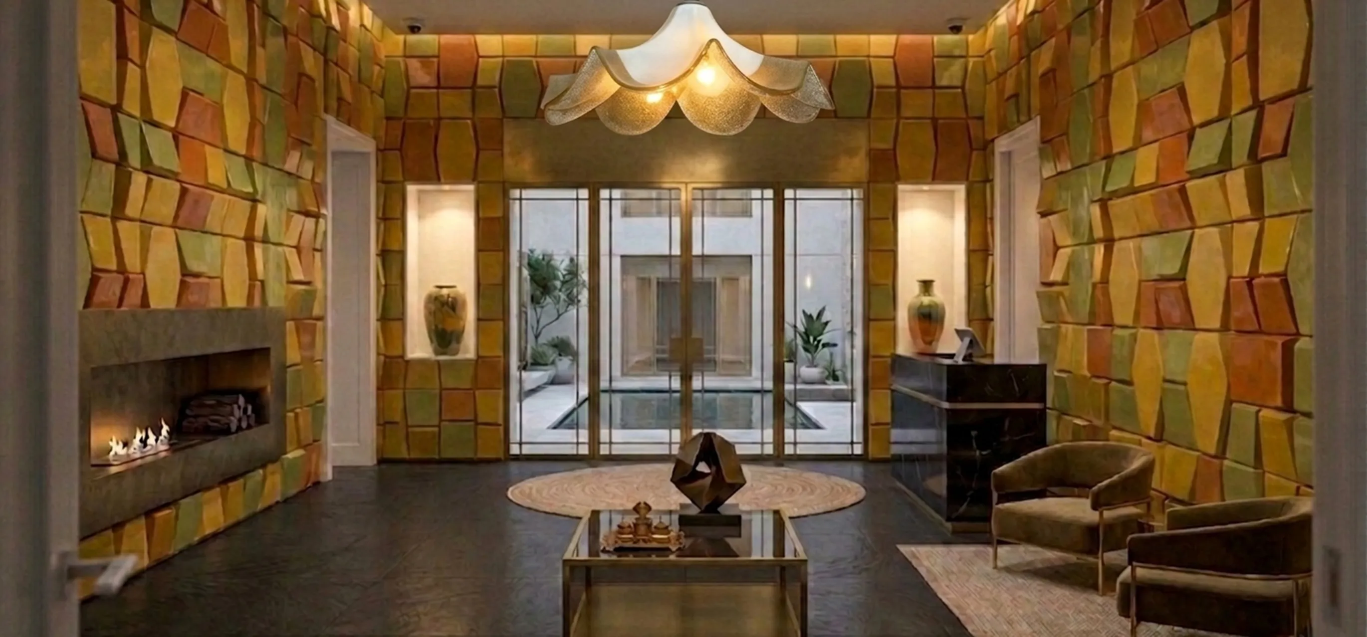 lampara de teto antiga iluminando um ambiente moderno com decoracao vibrante