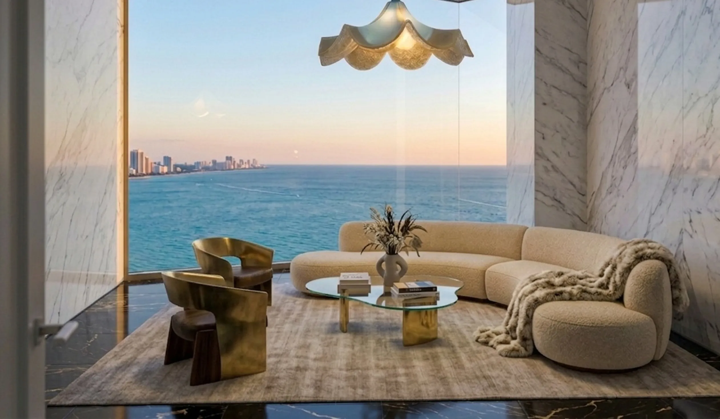 Lampara de techo antigua en un ambiente moderno con vista al mar