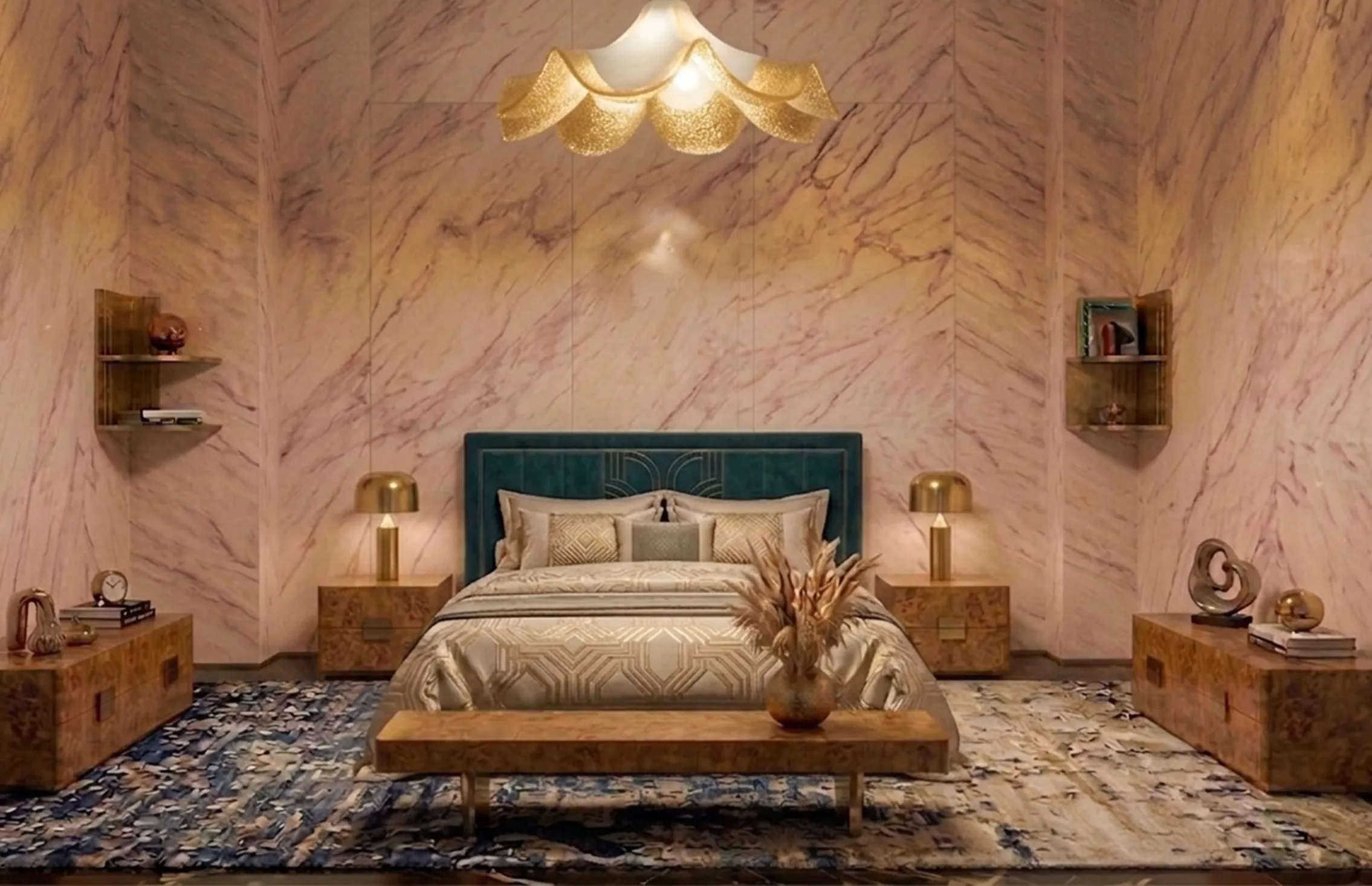 Lámpara de techo antigua con forma de pétalo en habitación elegante, iluminando cama y muebles.