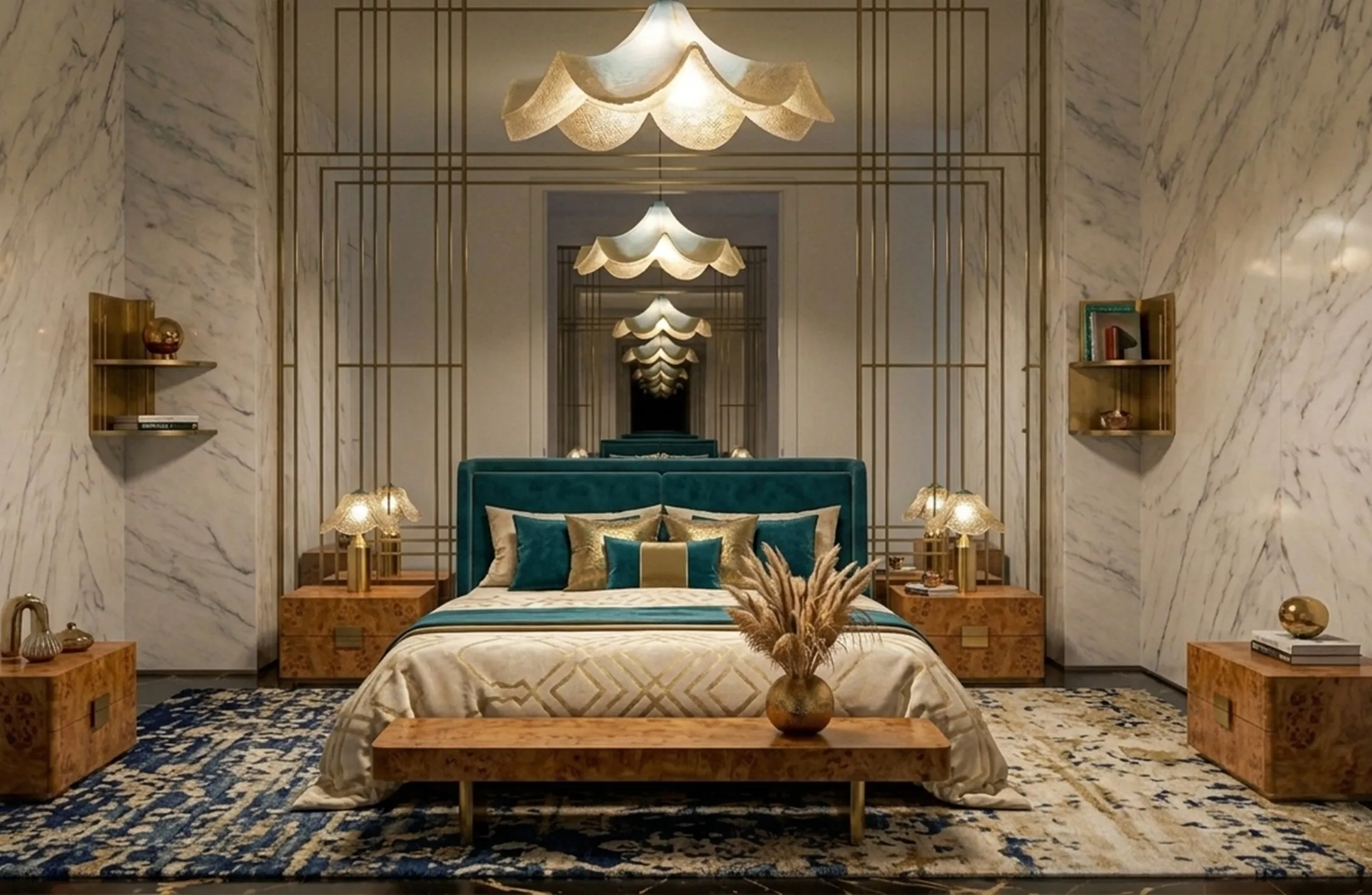 lámpara de techo antigua sobre una cama, decoración elegante