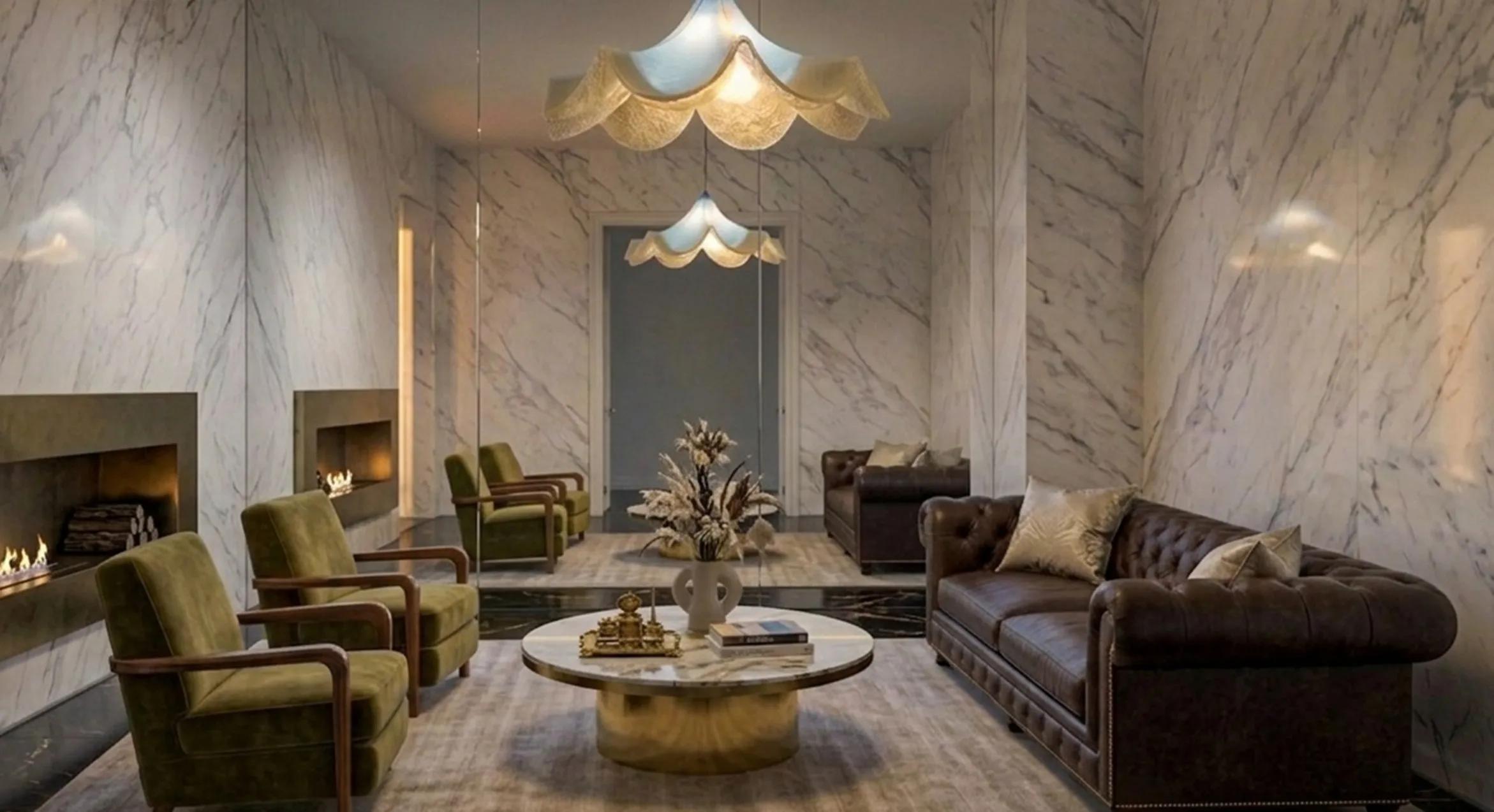 Antique hanging lamp with classic design, illuminating an elegant room with armchairs and decor.