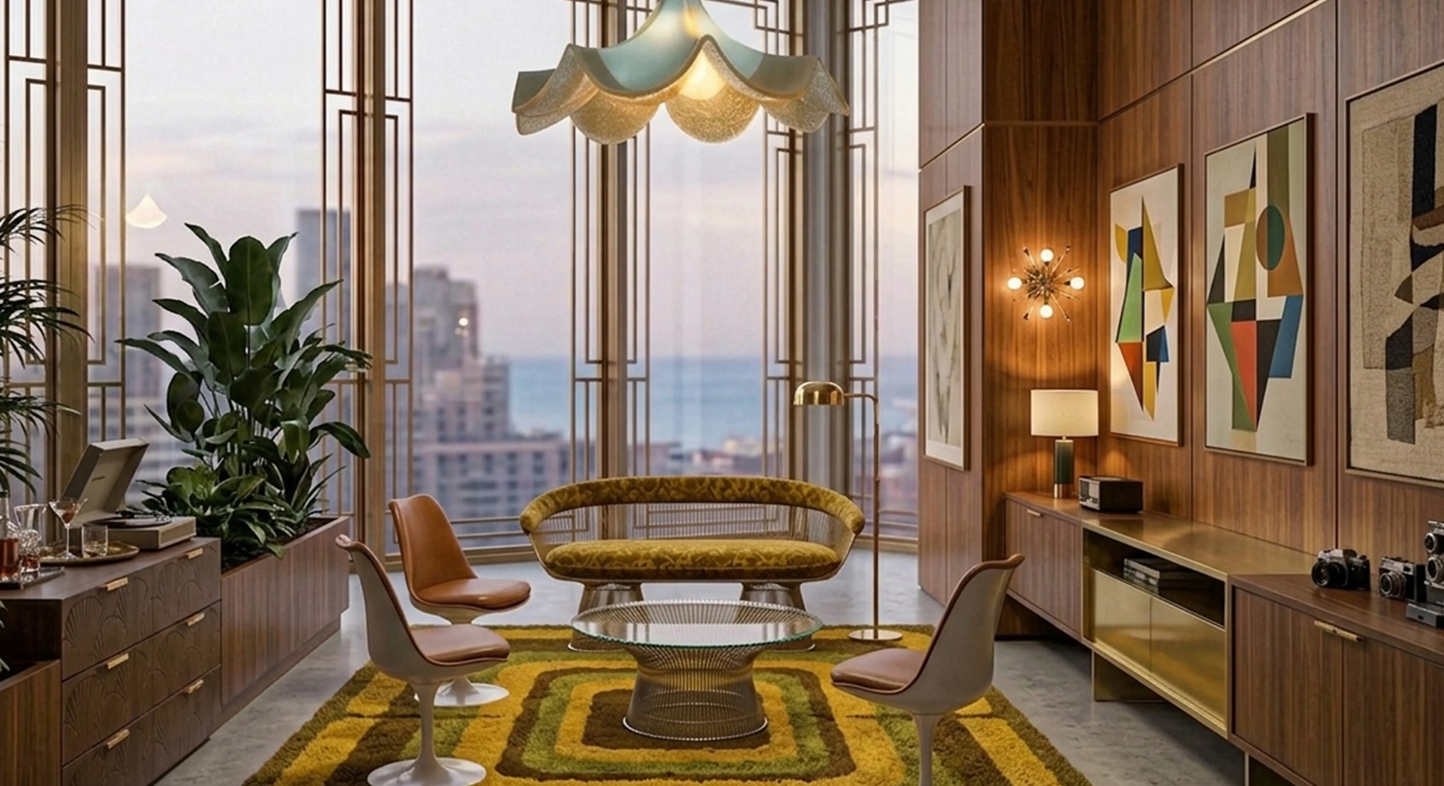 Lampada a sospensione antica con design elegante che illumina una stanza moderna con mobili e arte.