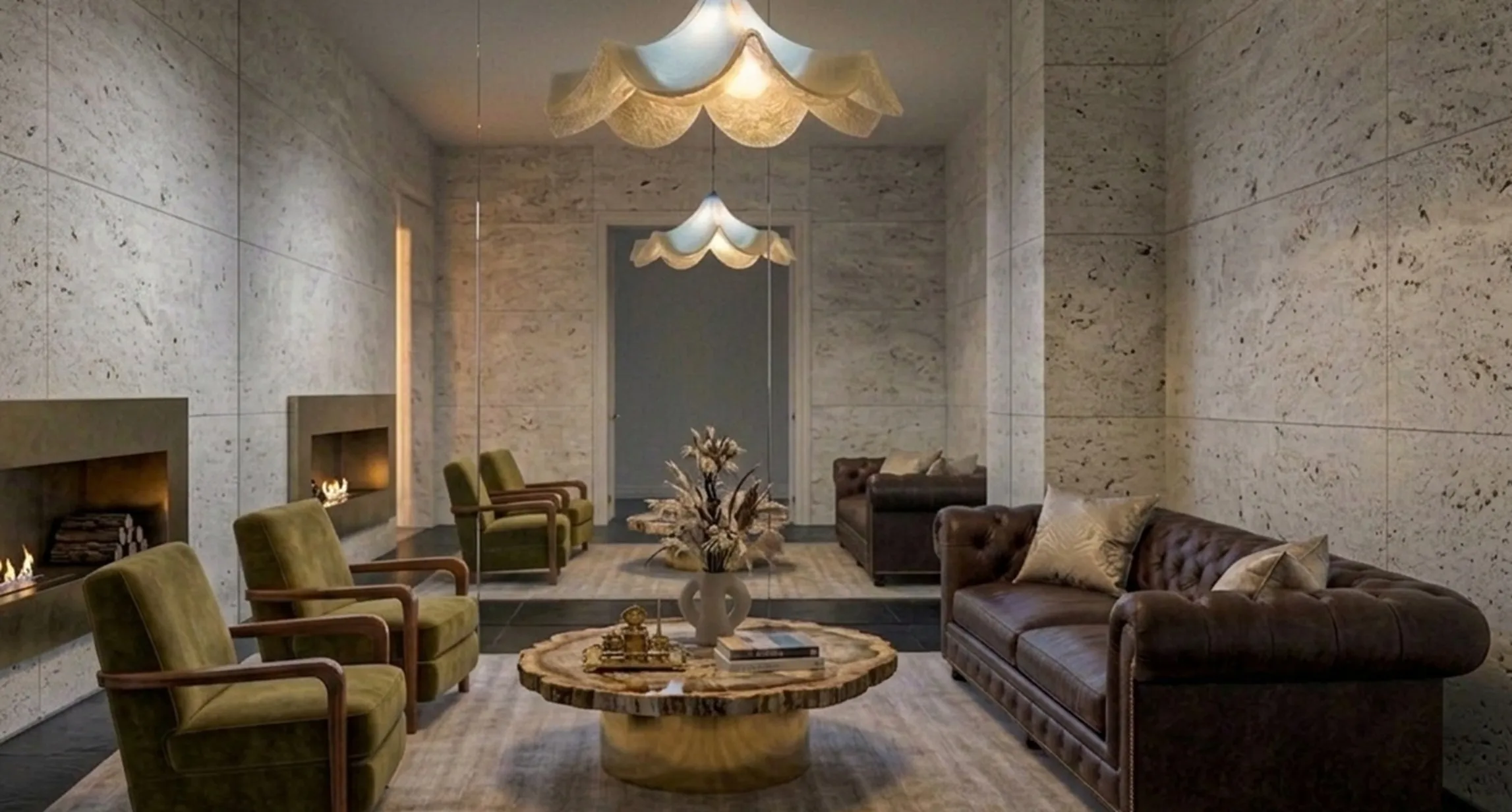 antique hanging lamp in modern room with green chairs