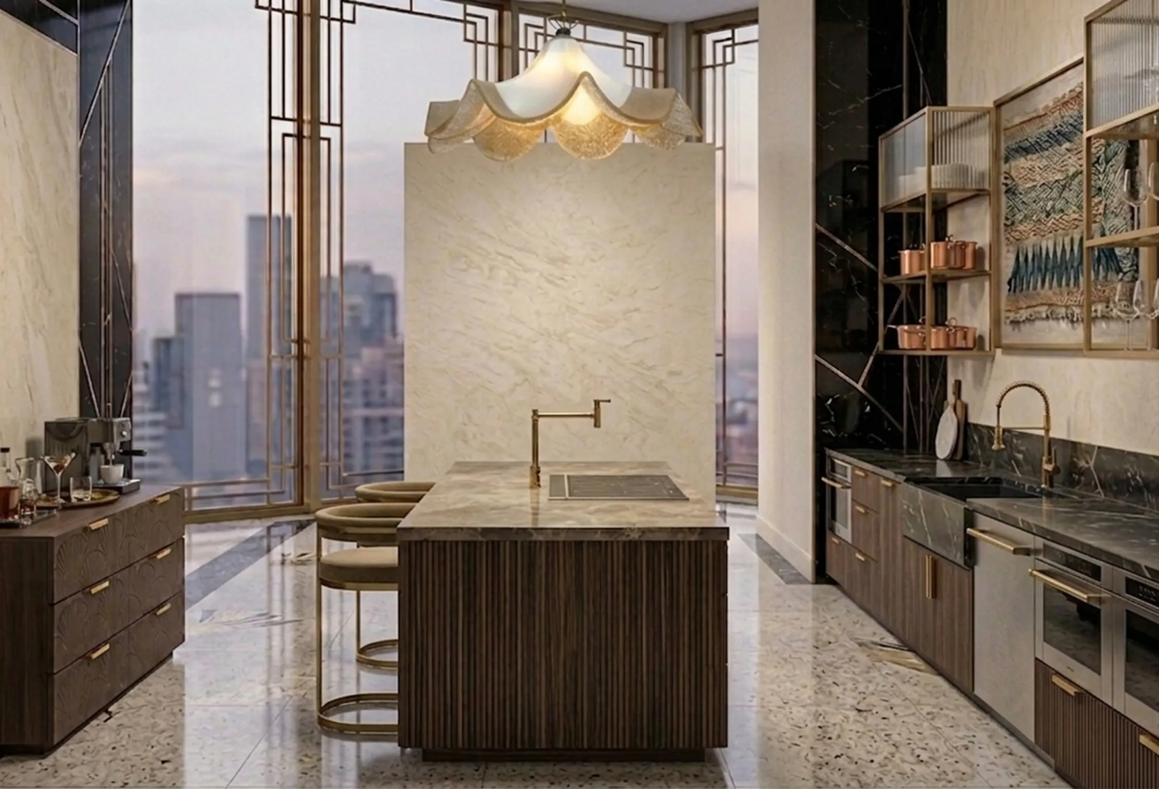 старинная подвесная лампа в современном интерьере кухни