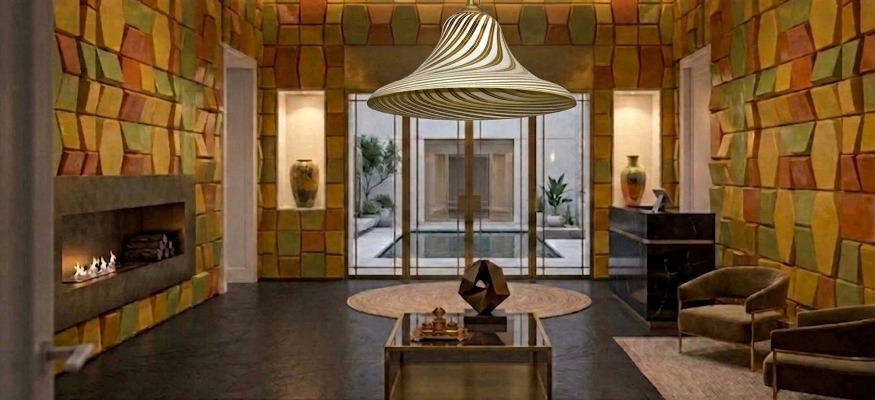 Lampada a sospensione antica con design moderno in un salone elegante, decorato con pareti dai toni caldi e decorazioni contemporanee.