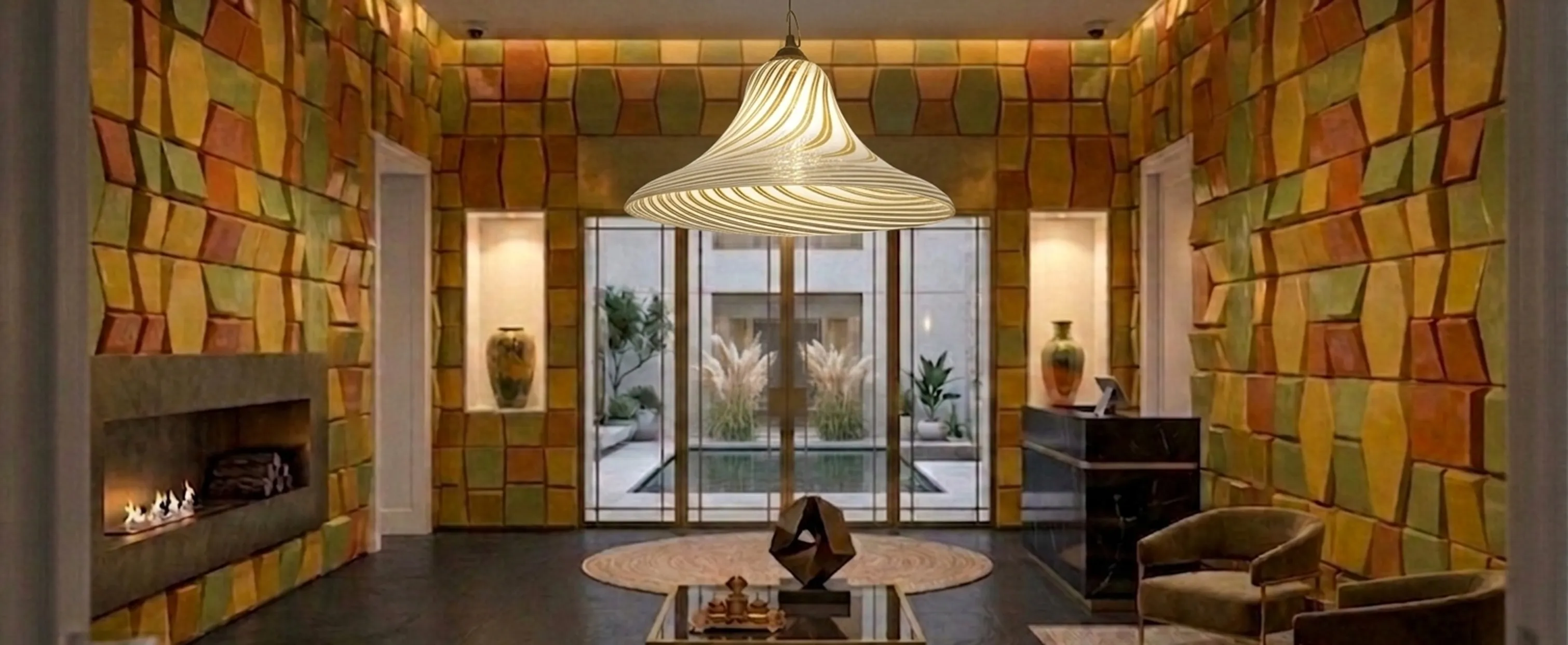 Lámpara de techo antigua Paolo Venini con diseño contemporáneo, en un ambiente moderno con paredes coloridas.