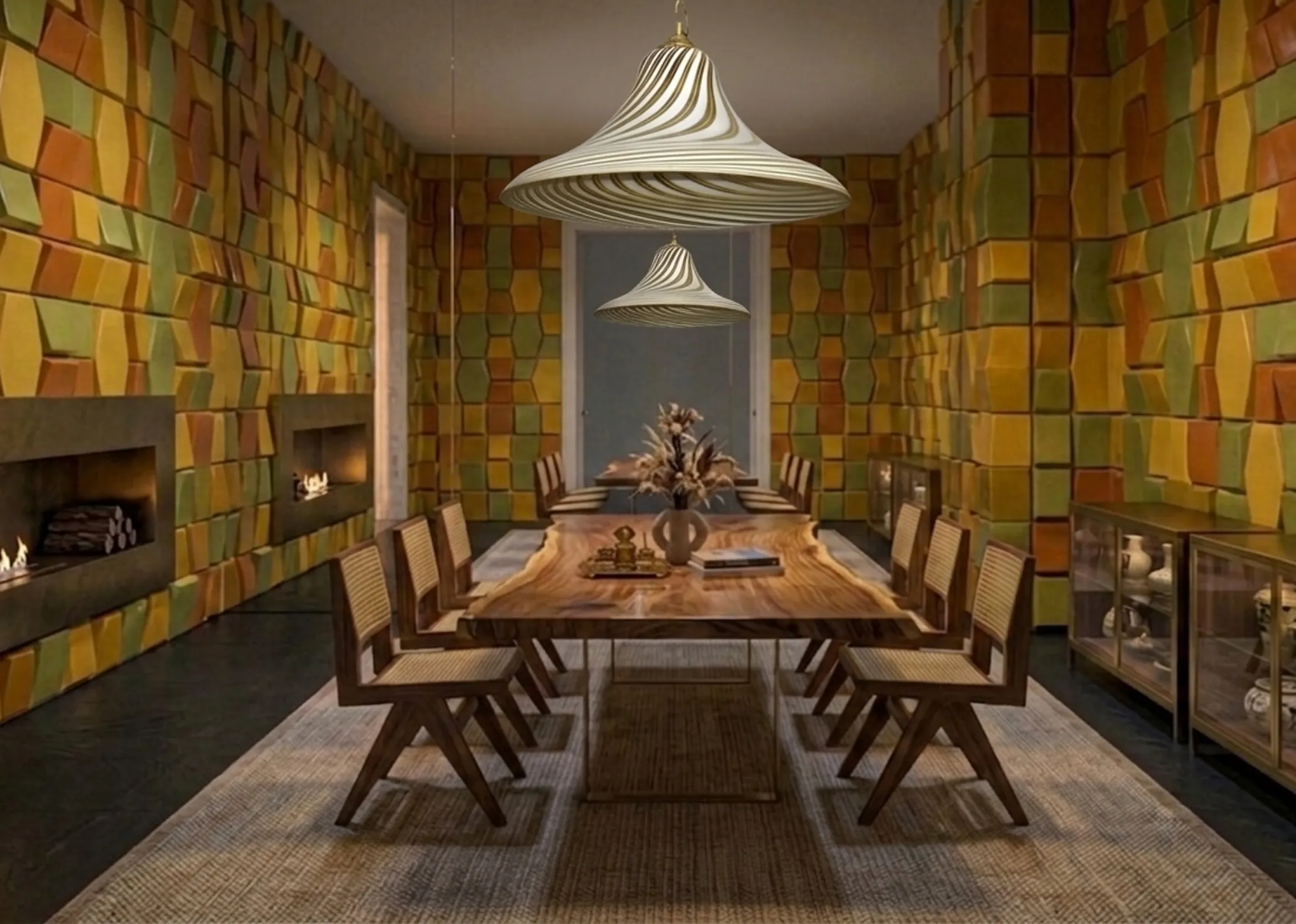 lampada a sospensione antica sopra il tavolo in una sala da pranzo decorata con pareti colorate