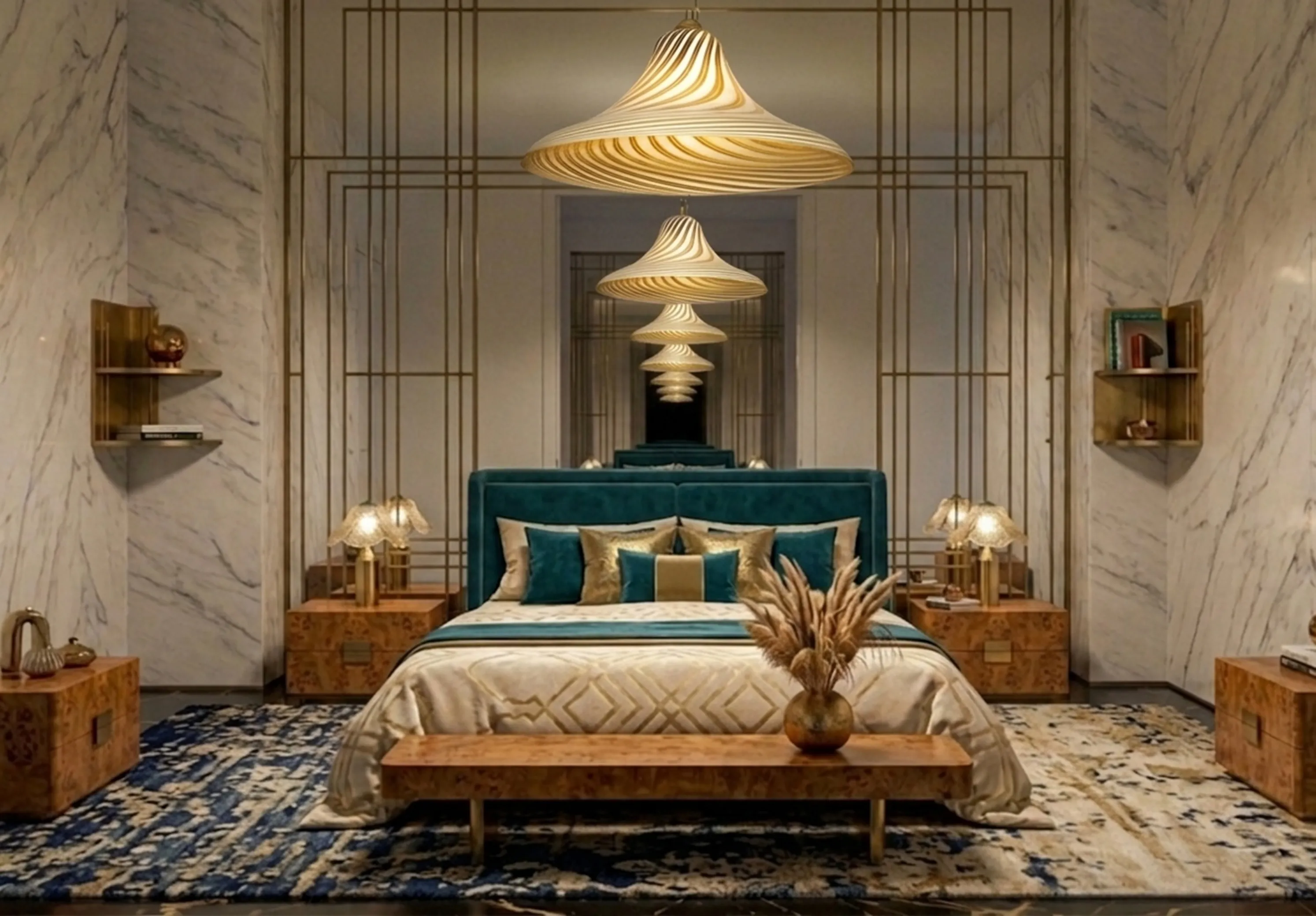 sanfte Beleuchtung von einer antiken Hängelampe in einem eleganten Schlafzimmer