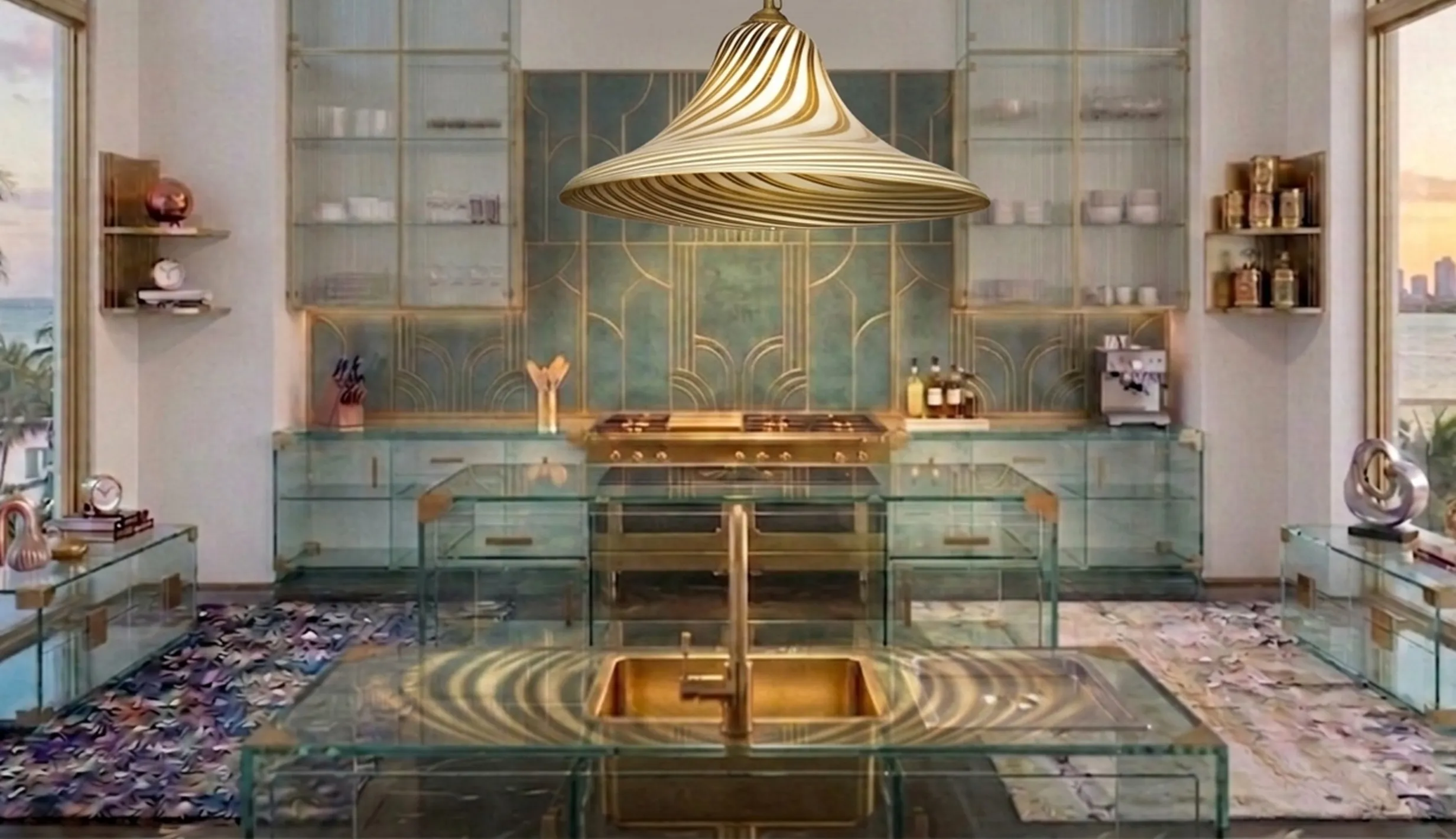 Antique hanging lamp with elegant design in a modern kitchen.