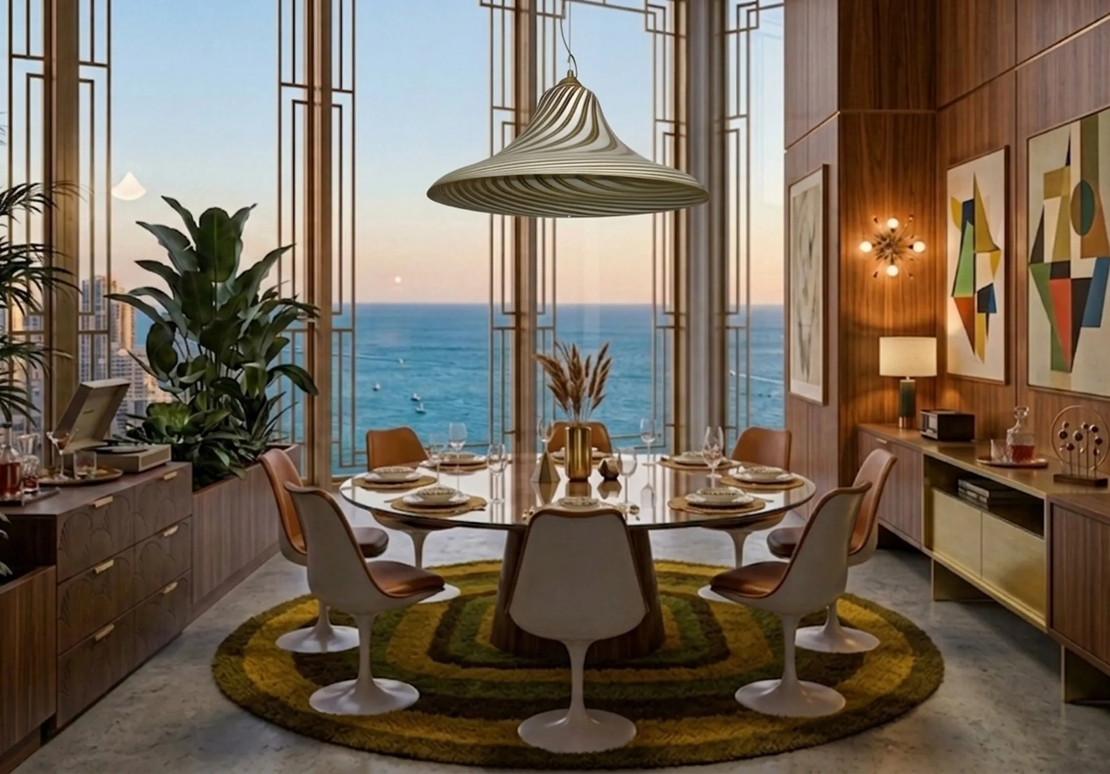 Lâmpada de teto antiga com design elegante e alongado iluminando uma sala de jantar moderna ao lado de um mar brilhante.