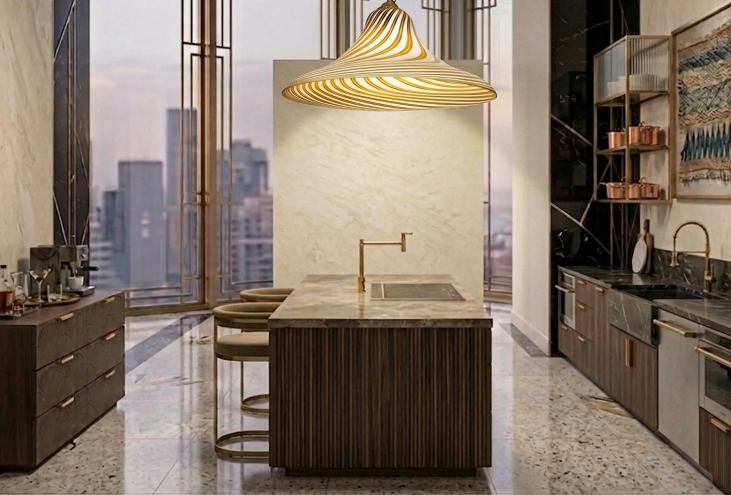 lampada a sospensione antica in cucina moderna, con figura decorativa.