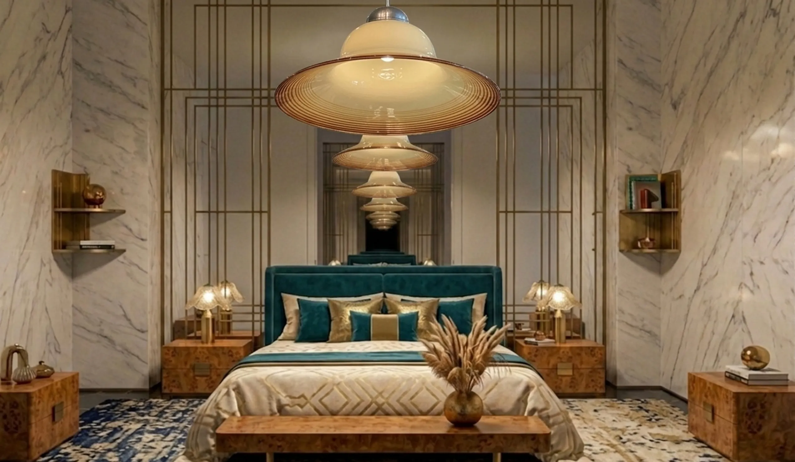 Lámpara de techo antigua en un dormitorio moderno con decoración elegante.