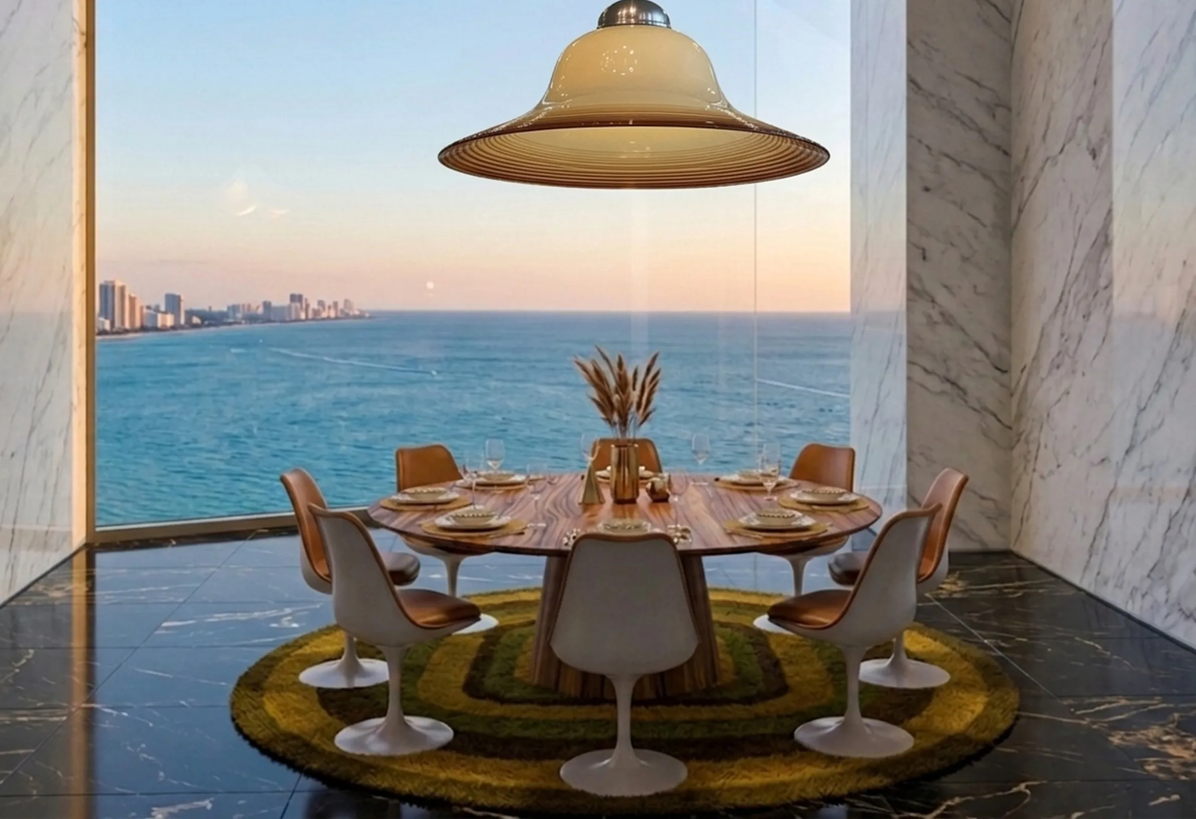 مصباح معلق قديم في غرفة طعام حديثة تطل على البحر محاط بكراسي وطاولة أنيقة