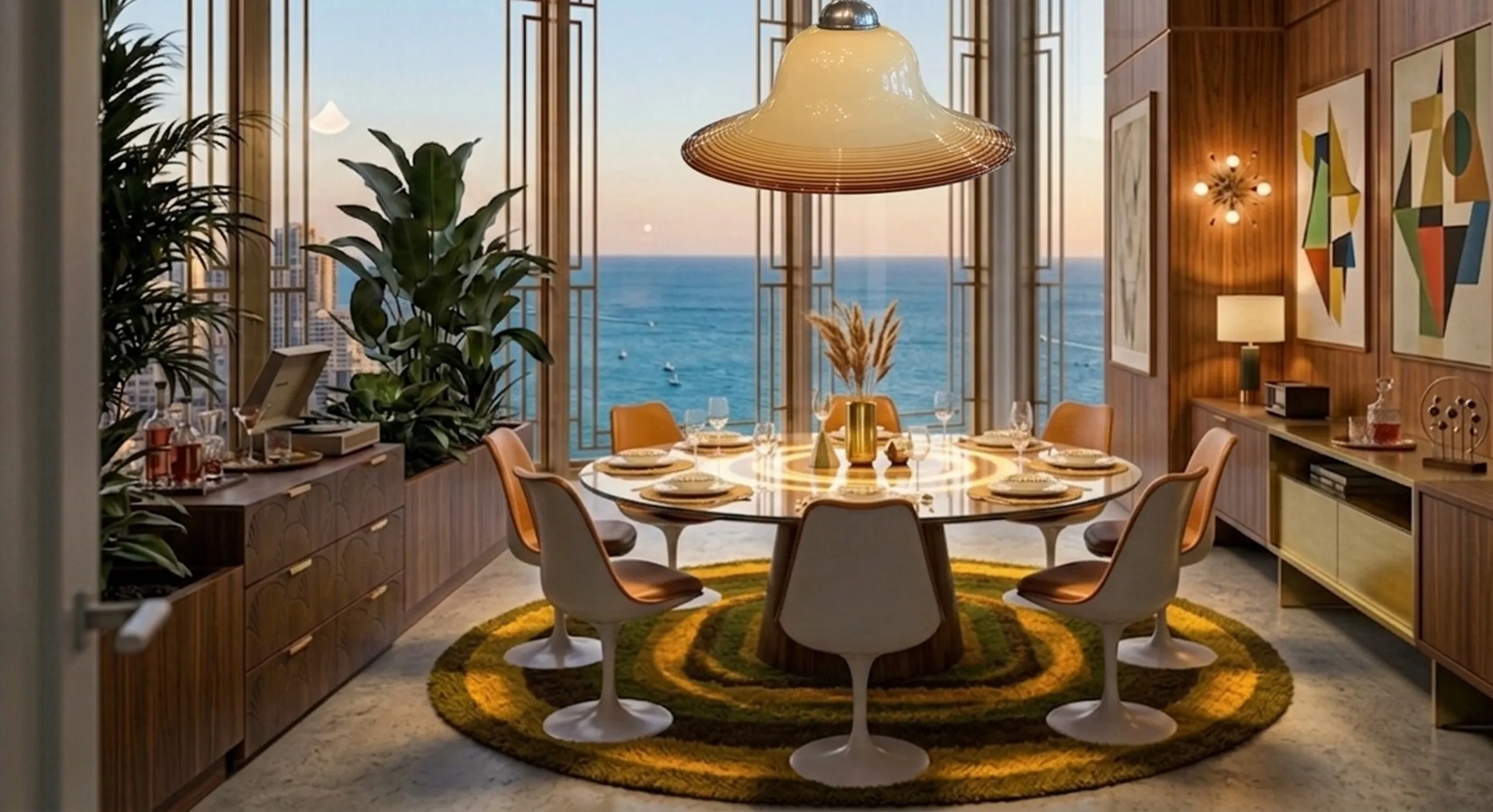 lampada a sospensione antica sopra un tavolo rotondo in una sala da pranzo elegante con vista mare