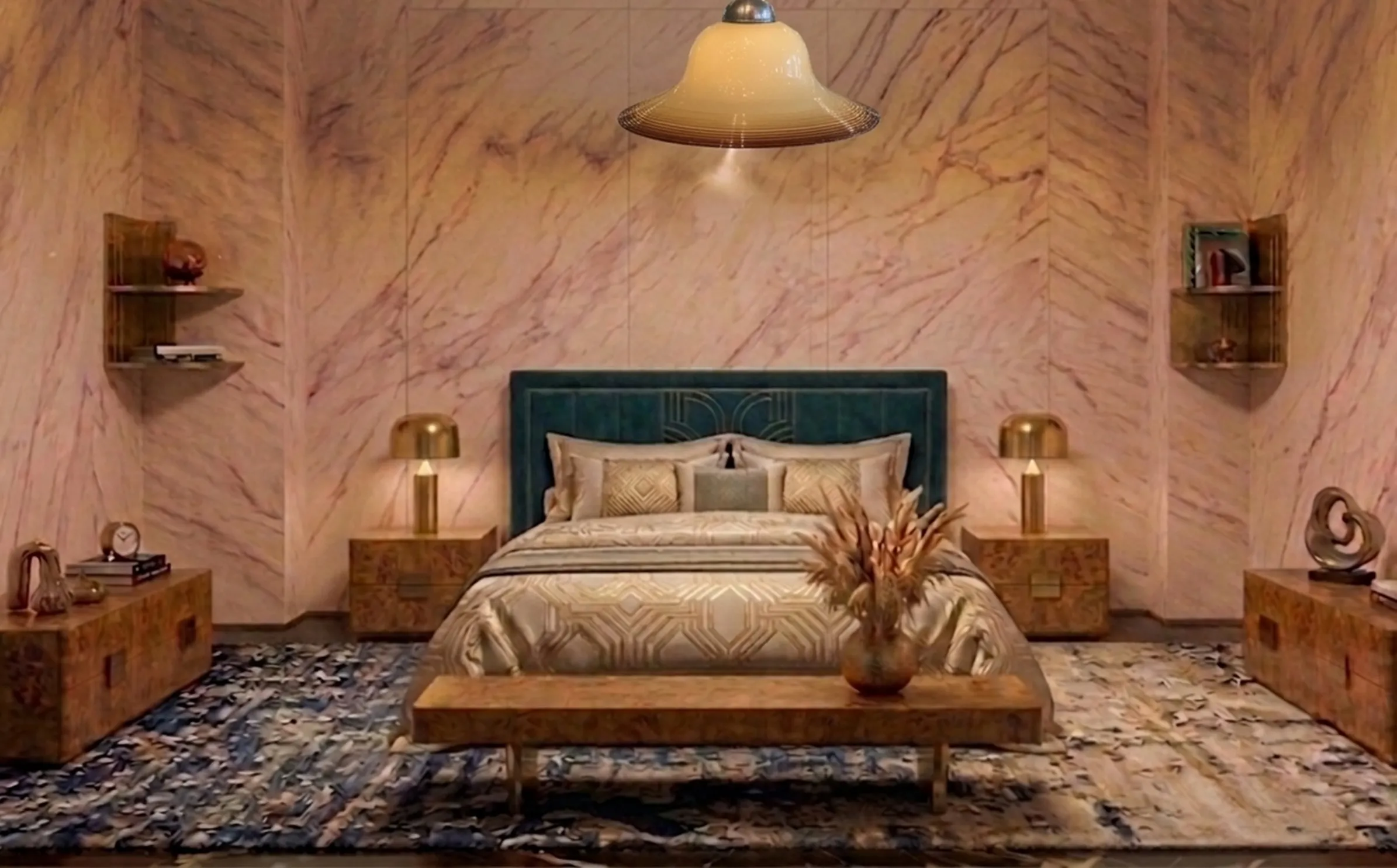 Antique hanging lamp in a stylish bedroom with a bed