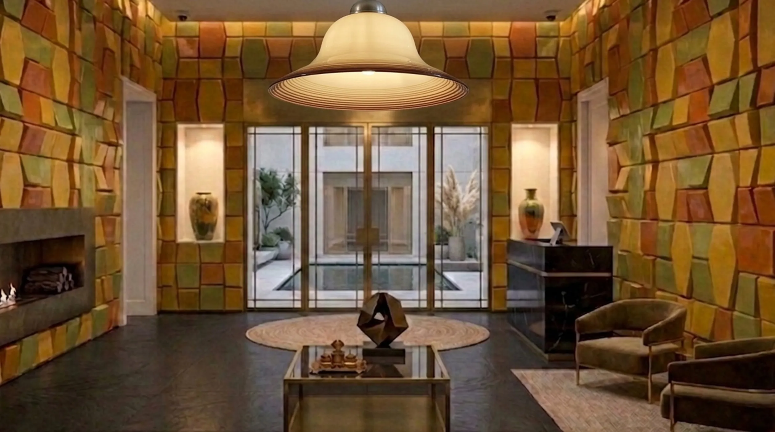 Lustre ancien décoratif dans un élégant salon avec des murs colorés.