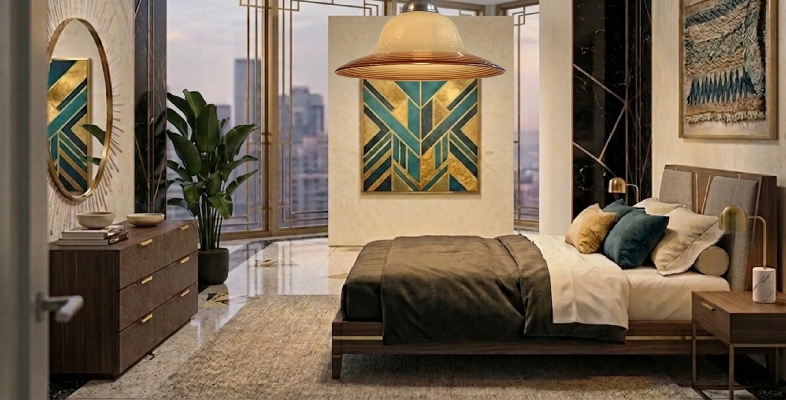 antique hanging lamp with soft light in modern bedroom