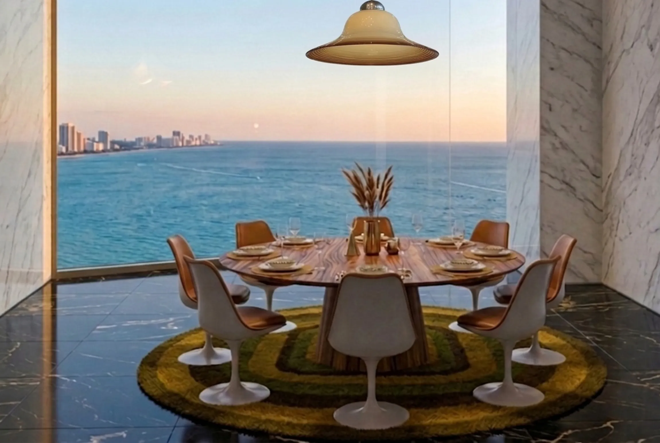 Antique hanging lamp above the dining table with ocean view.