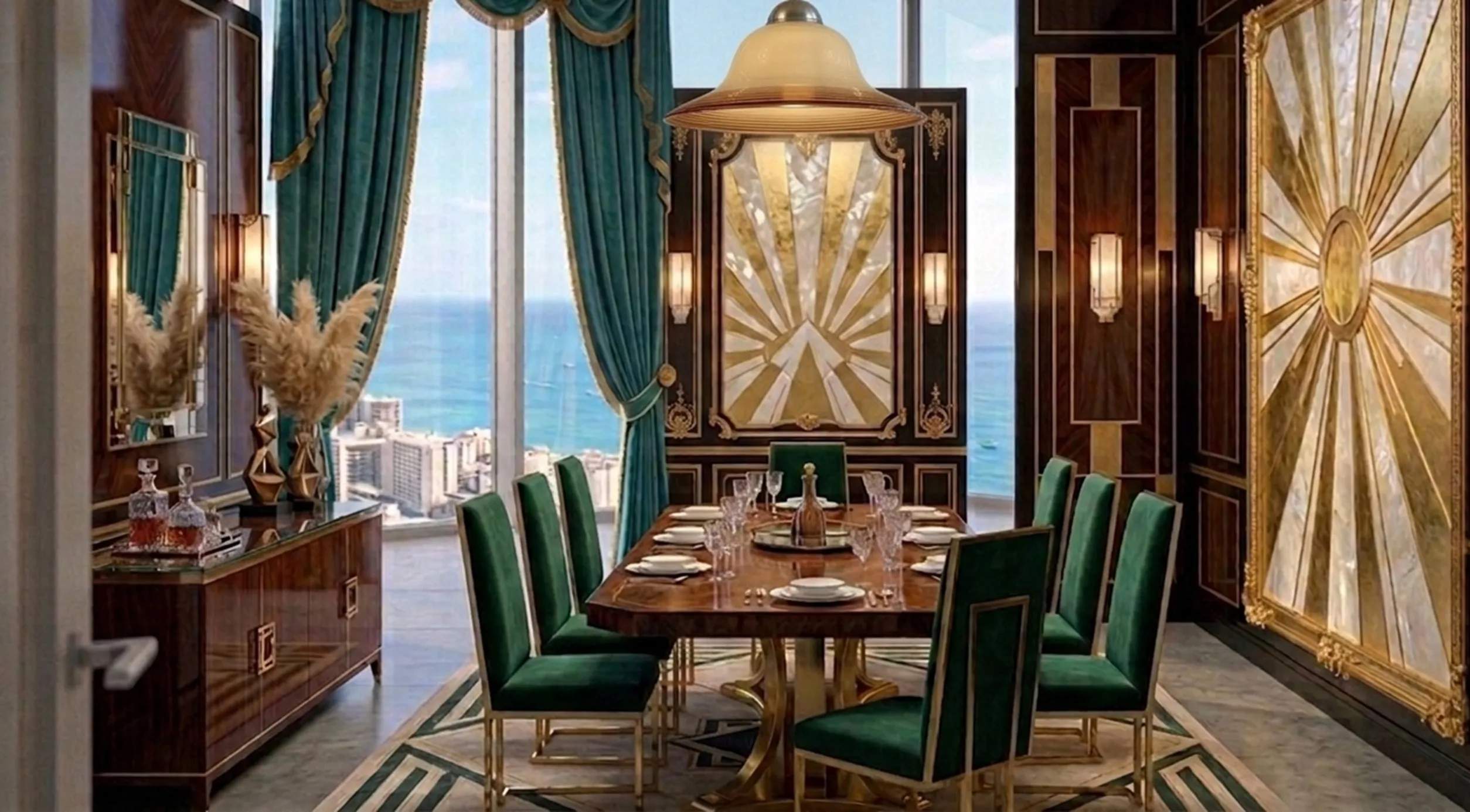 Lámpara de techo antigua con estilo elegante sobre mesa de comedor