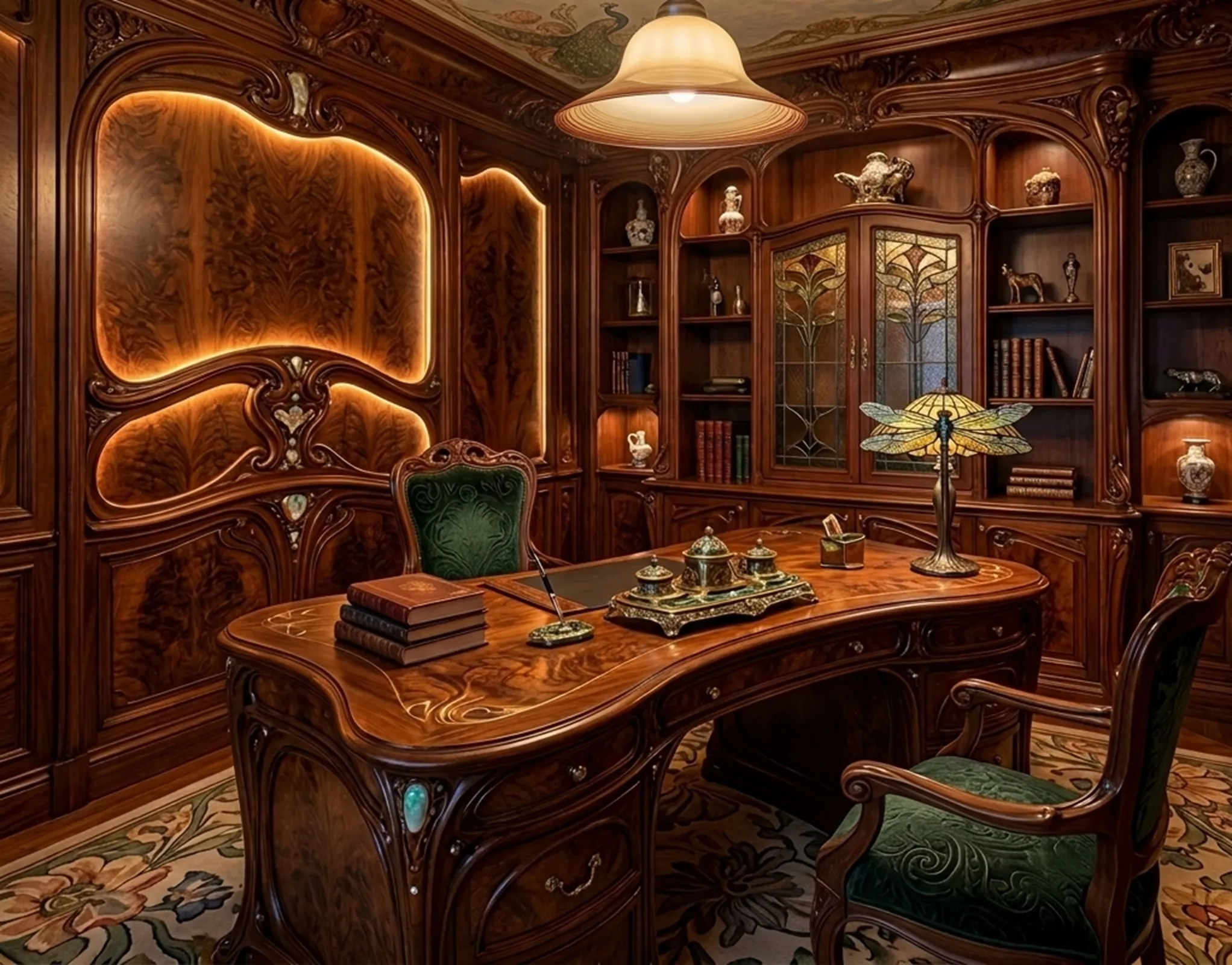 Elegant antique hanging lamp in dark wood office