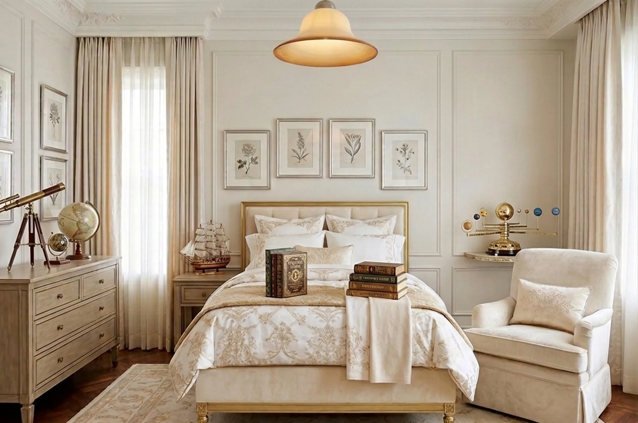 Lámpara de techo antigua iluminando habitación con camas, libros y decoraciones.