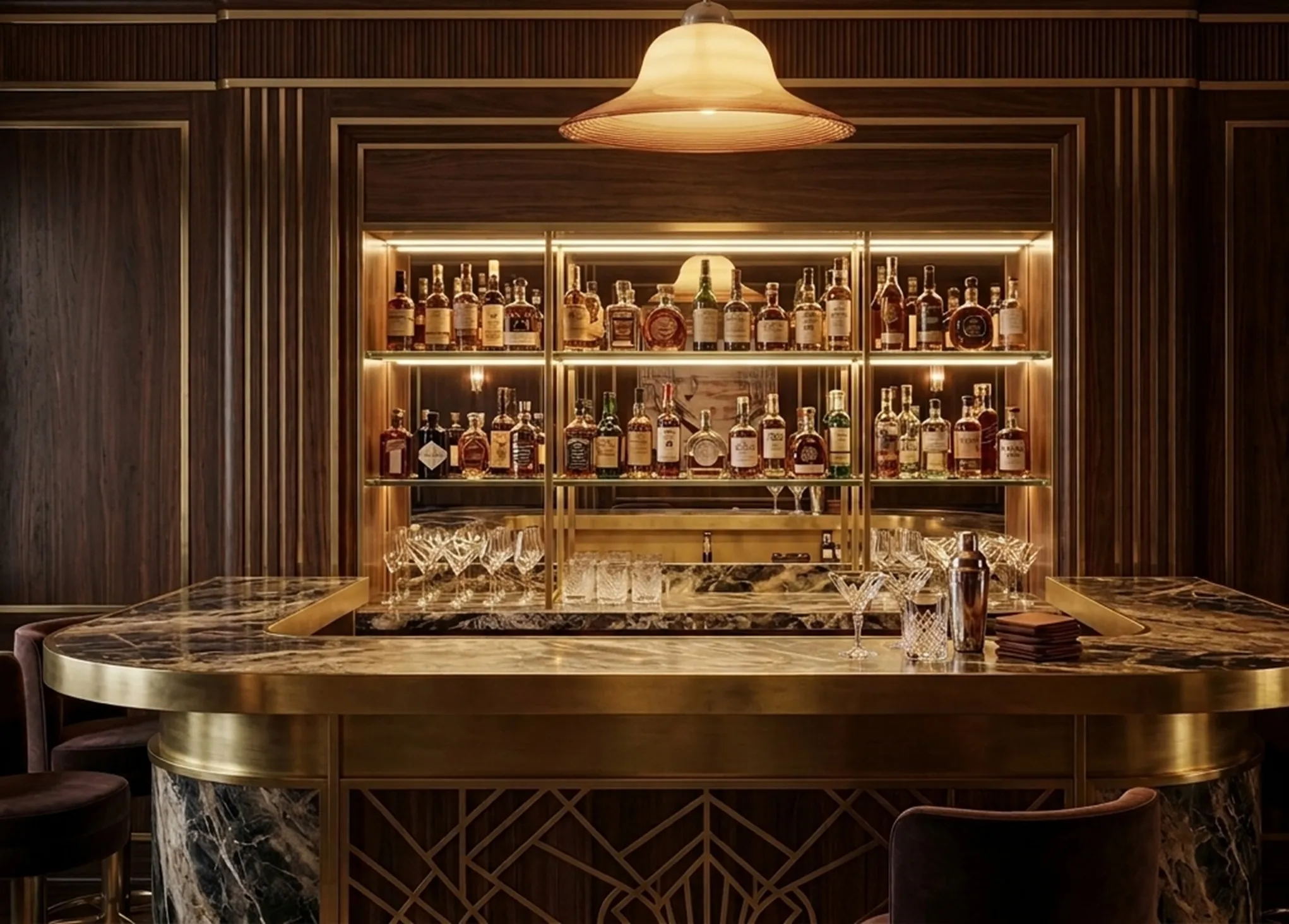 antike Hängelampe mit sanftem Licht und warmer Dekoration, elegantem Bar-Hintergrund