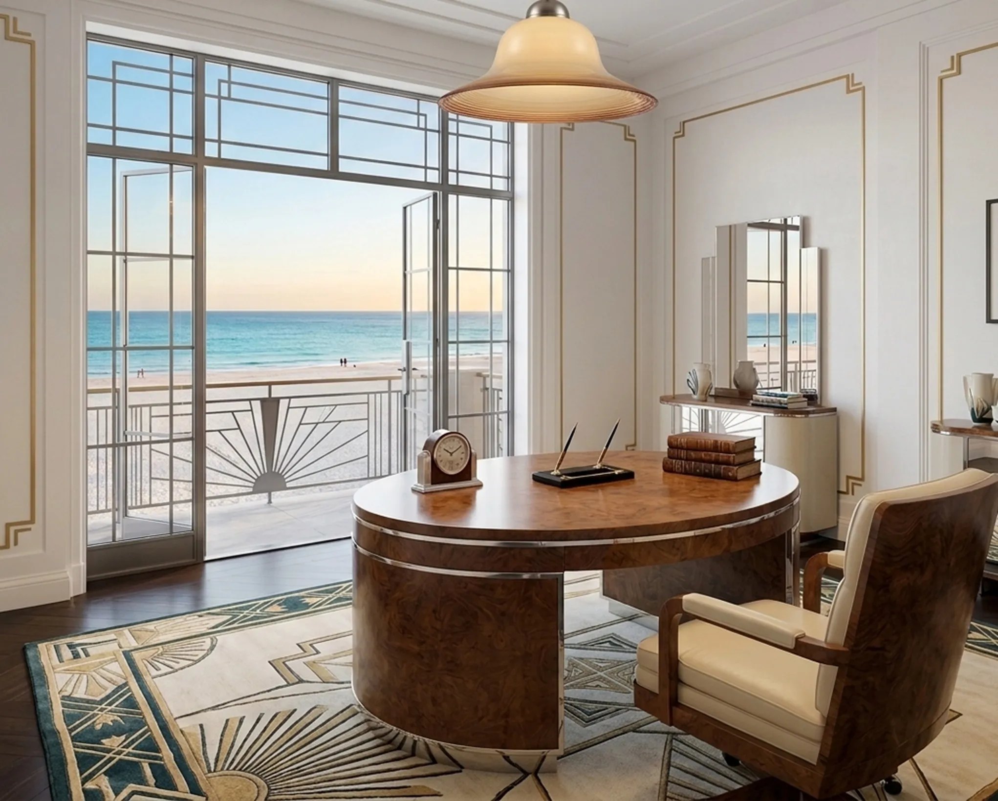 古董吊灯在一个现代办公室，外面是海景
