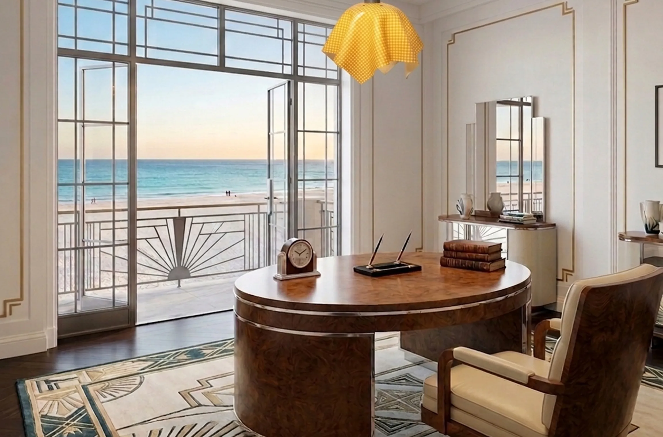 Antique hanging lamp in an elegant room with large windows and ocean view.