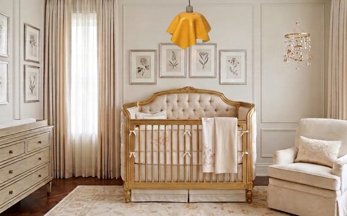 Lámpara de techo antigua de color amarillo en habitación elegante con cuna y decoración.