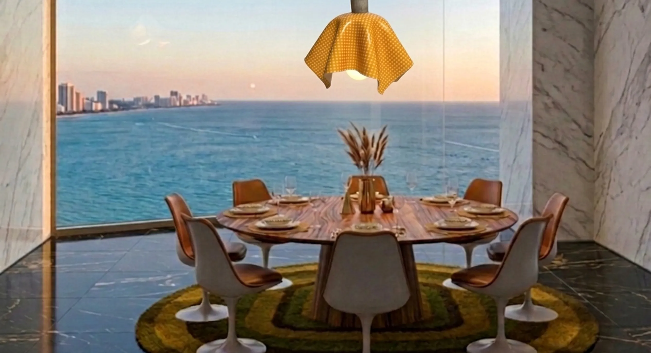 مصباح معلق قديم فوق طاولة مع إطلالة على البحر