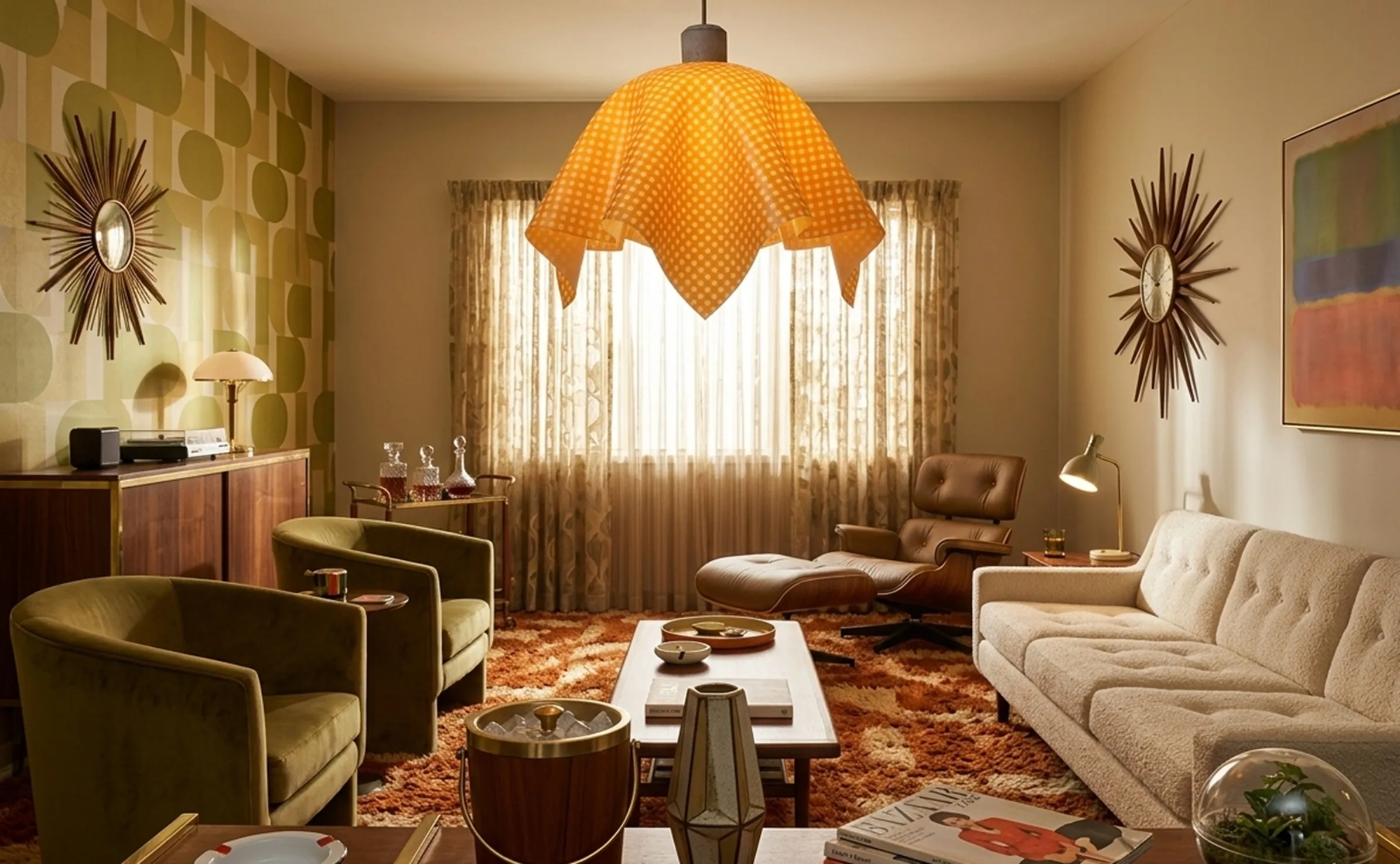 Lustre ancien avec un design original et des couleurs vives, une atmosphère chaleureuse, des détails décoratifs dans la pièce