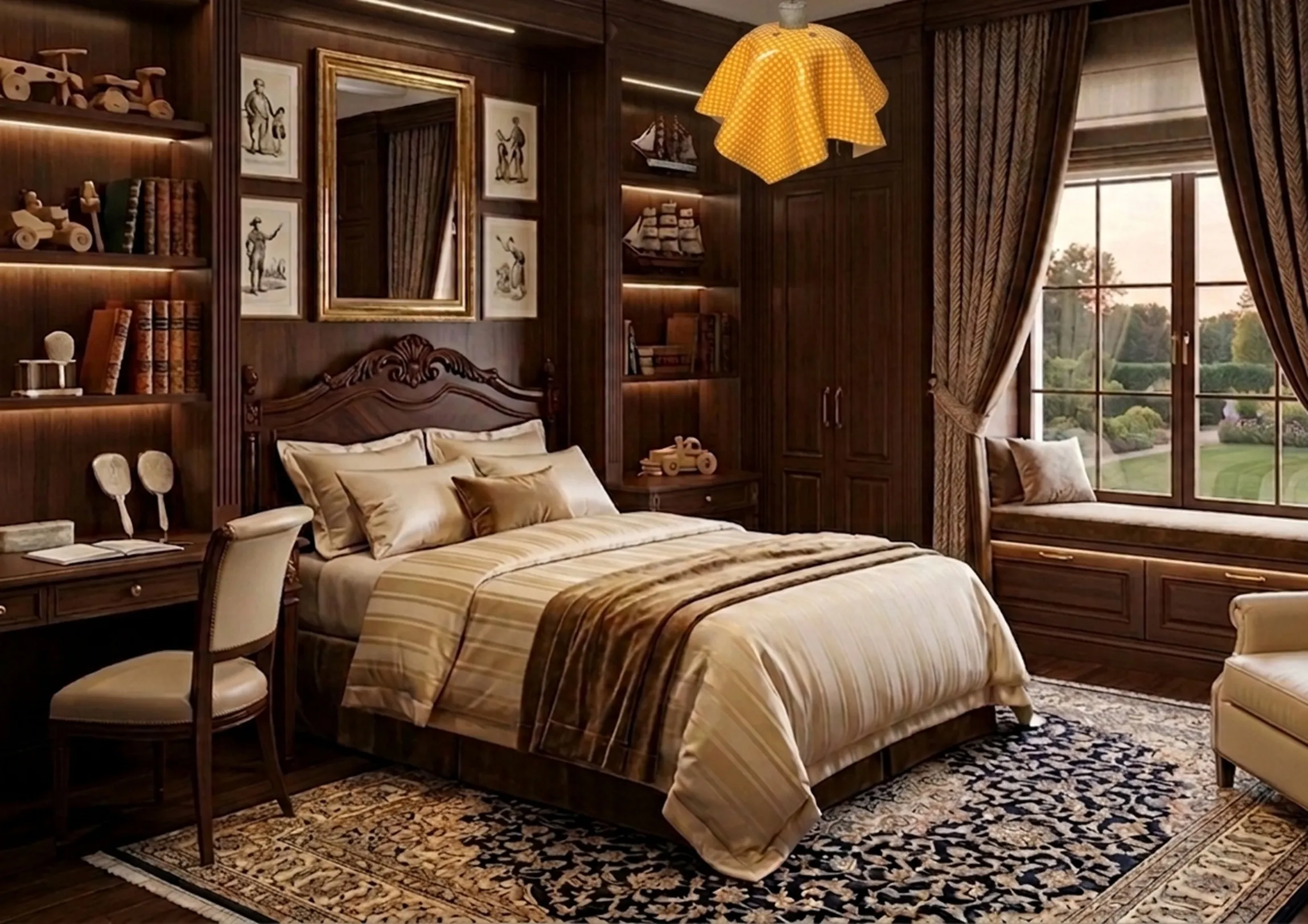 antichnaya podvesnaya lampochka zheltogo tsveta v klassicheskoy spalne