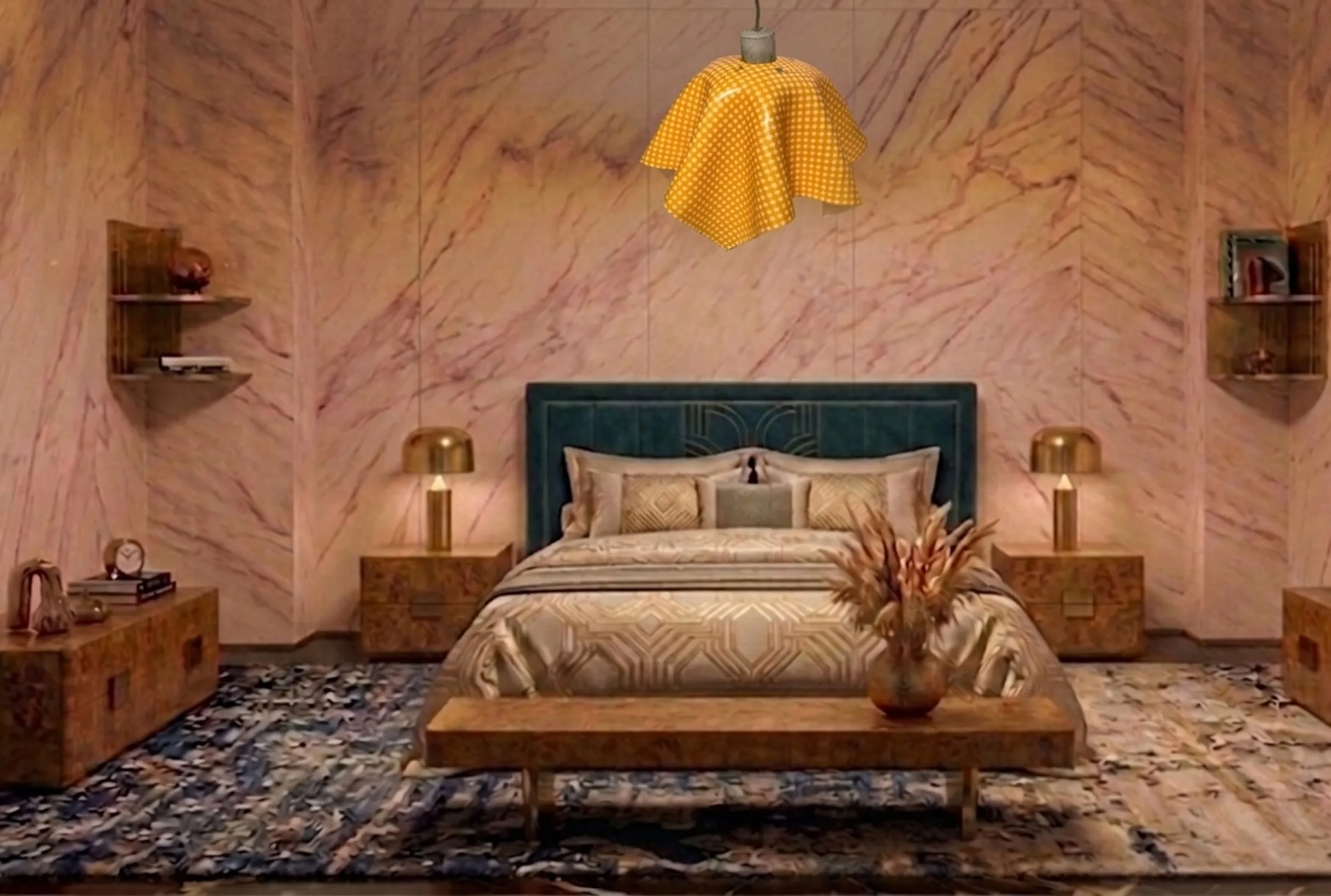 lâmpada de teto antiga amarela em forma de saia em quarto elegante