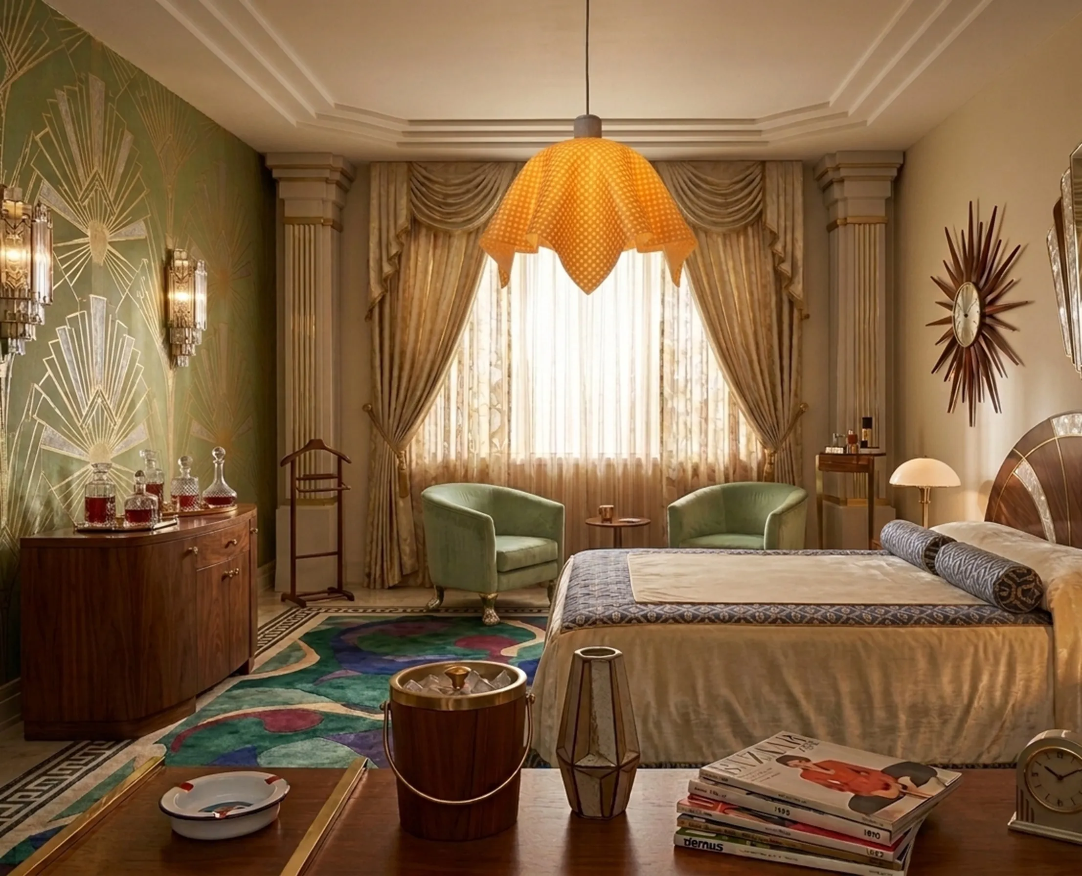 Lampada de teto antiga com forma de flor amarela e pontinhos brancos, em um quarto elegante.