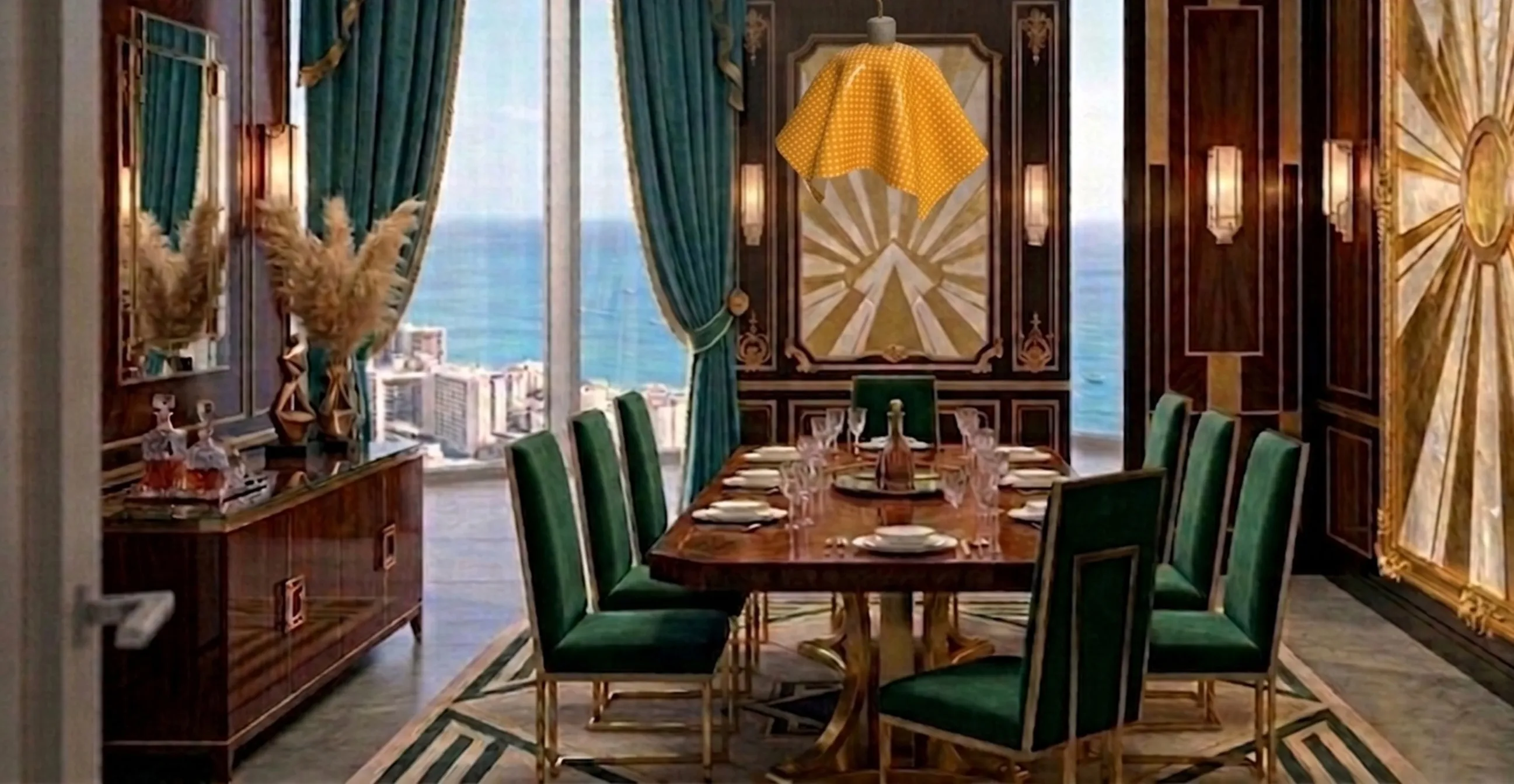 Lámpara de techo antigua de color amarillo con puntos, ambiente elegante