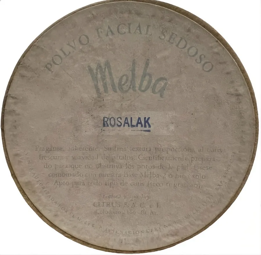 Polvera antiga com blush em pó Melba e etiqueta azul.
