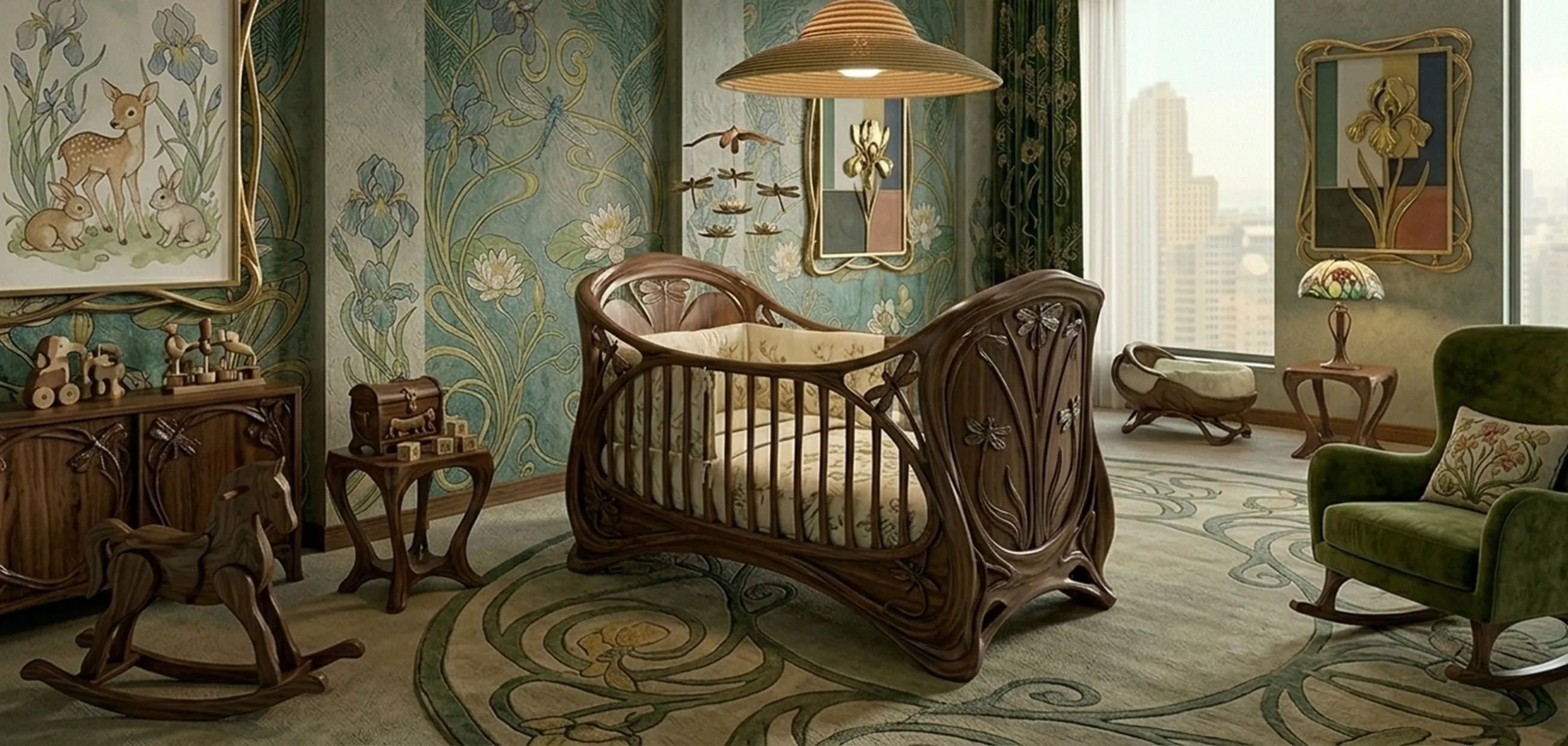 lampara de techo antigua iluminando una habitacion infantil con decoracion floral y juguetes de madera